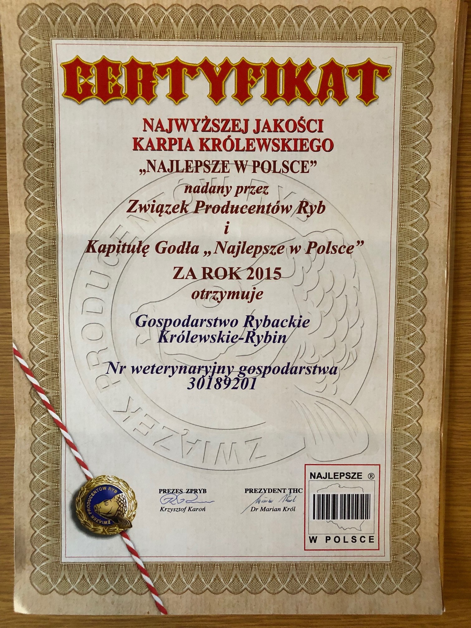 Certyfikat Związku Producentów Ryb 2015