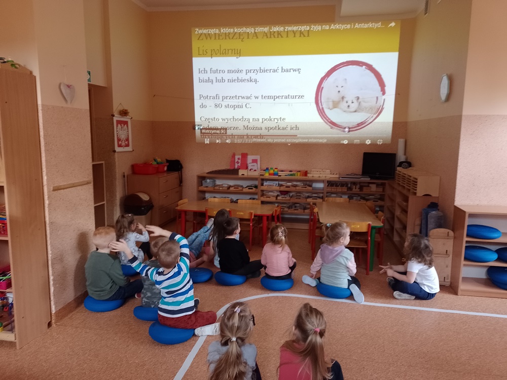 Dzieci oglądają film edukacyjny o zwierzętach biegunów polarnych.