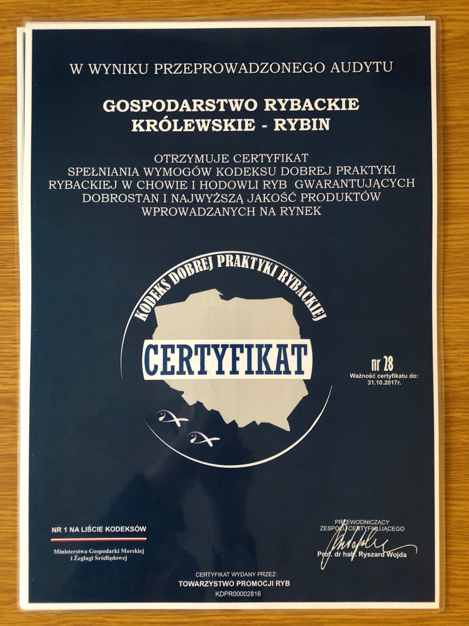 Certyfikat Kodeksu Dobrej Praktyki Rybackiej na 2016 rok