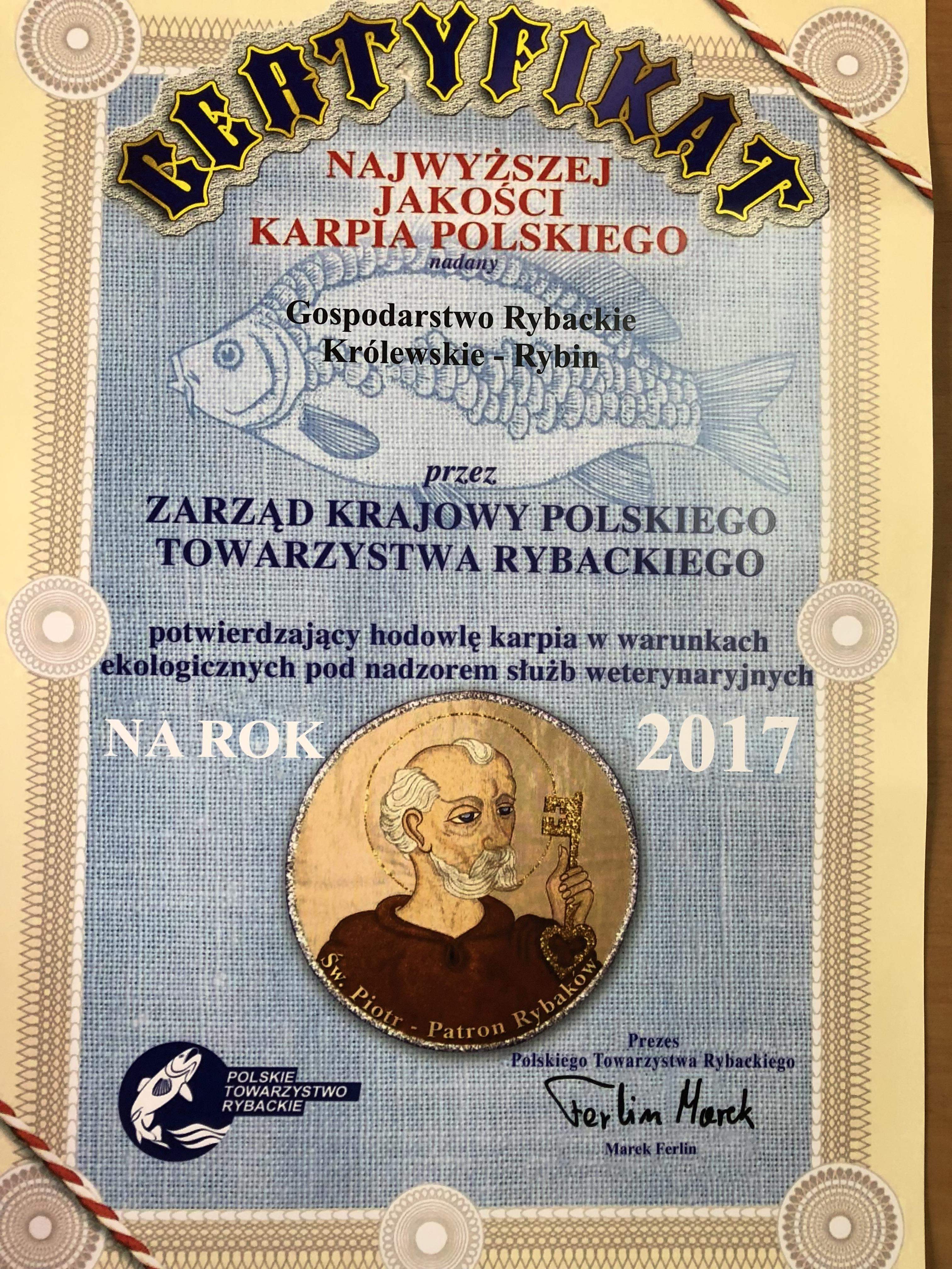Certyfikat Polskiego Towarzystwa Rybackiego na 2017 rok