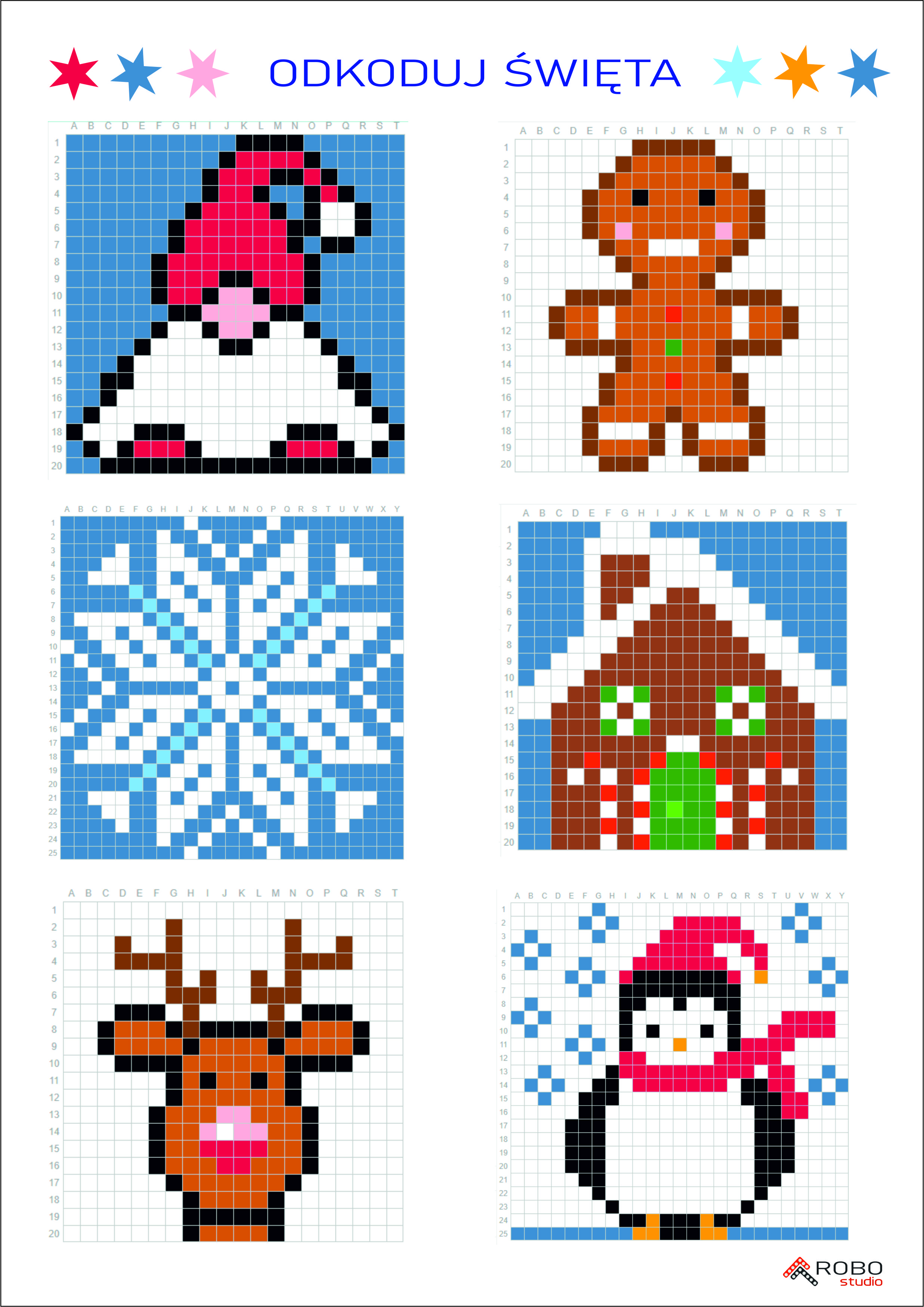 Zestaw 6 kodowanek, dyktando graficzne, pixel art: piernik, renifer, domek, pingwin, śnieżynka,