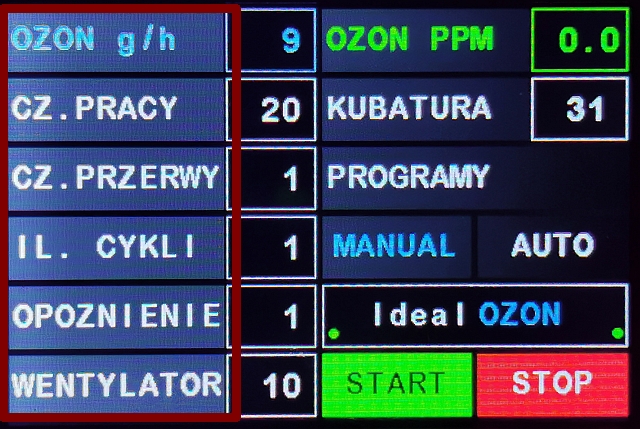 Ozonator- edycja parametró ozonatora IdealOZON V4M