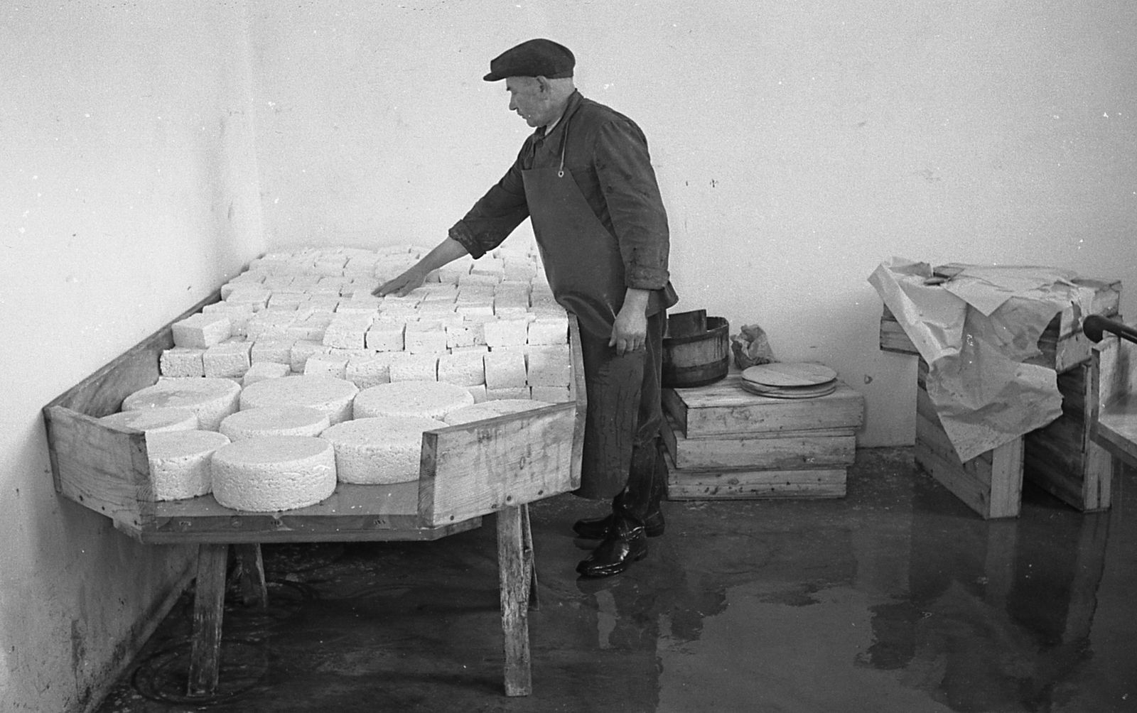 Pracownik mleczarni przelicza ser, Turek, 1942, ze zbiorów Muzeum Miasta Turku