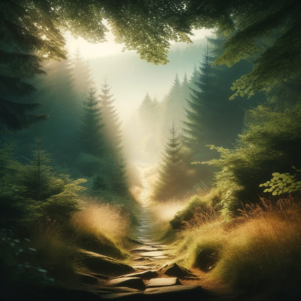 DALLE 2024-01-18 095825 - A serene natural scene of a forest or field with a path leading into the depth of the frame symbolizing a journey into oneself introspection and thpng