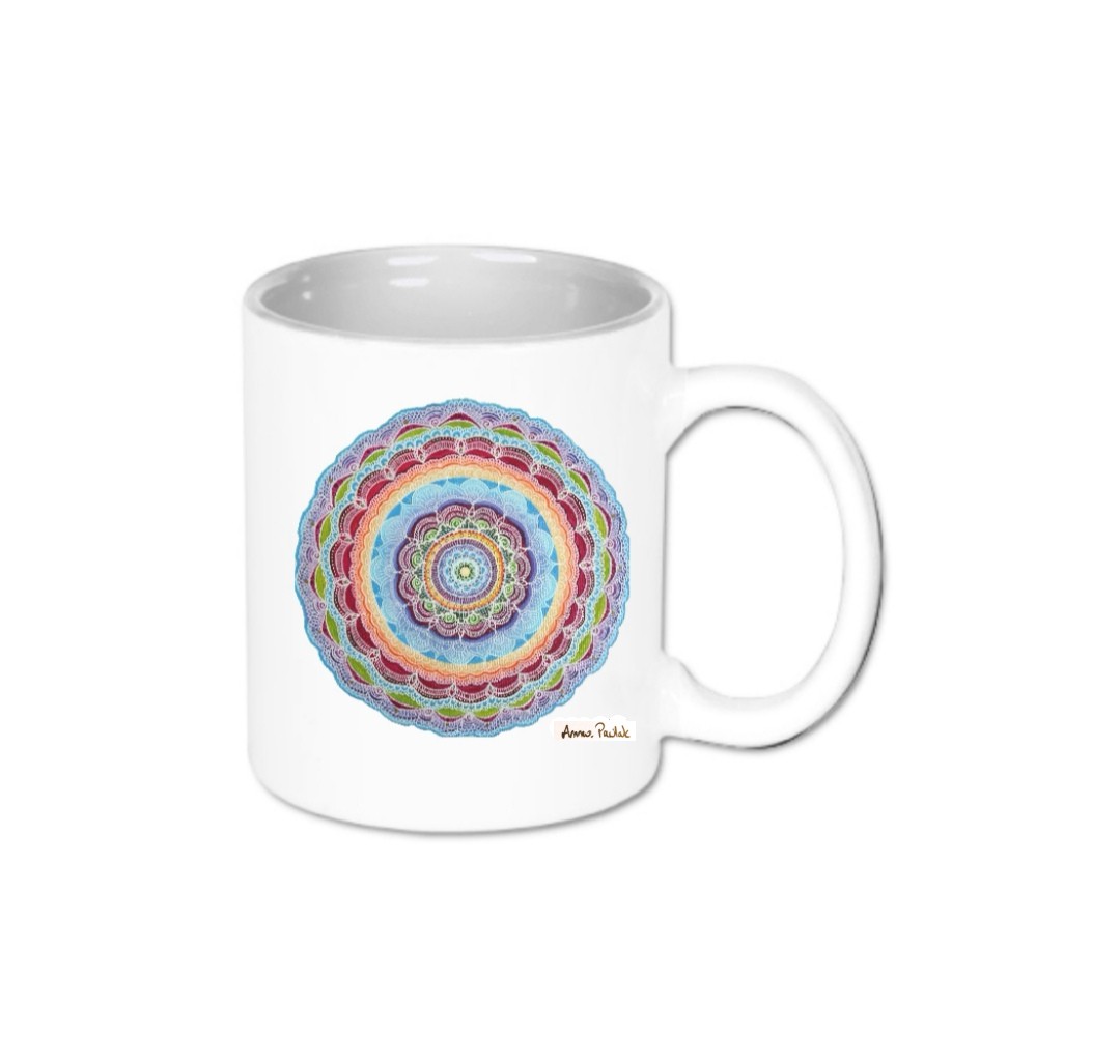 The  mug with a rainbow mandala price : 40 PLN
Druk  jest po dwóch stronach kubka.