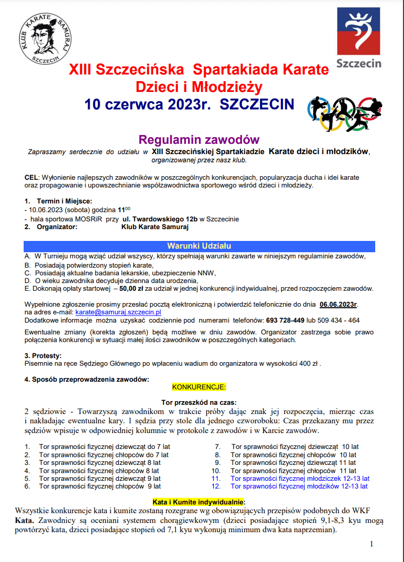 XIII Szczecińska Spartakiada Karate Dzieci i Młodzieży - 10 czerwca 2023. SZCZECIN