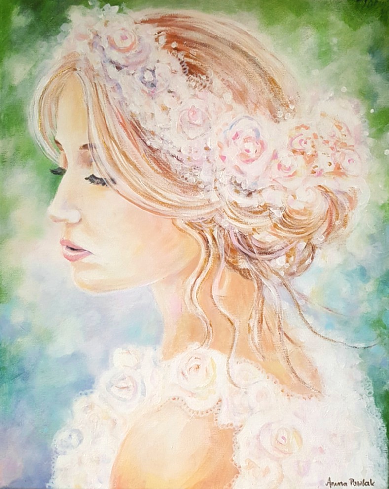 "A girl in a rose wreath" 40x50 akryl na płótnie, acrylic, canvas