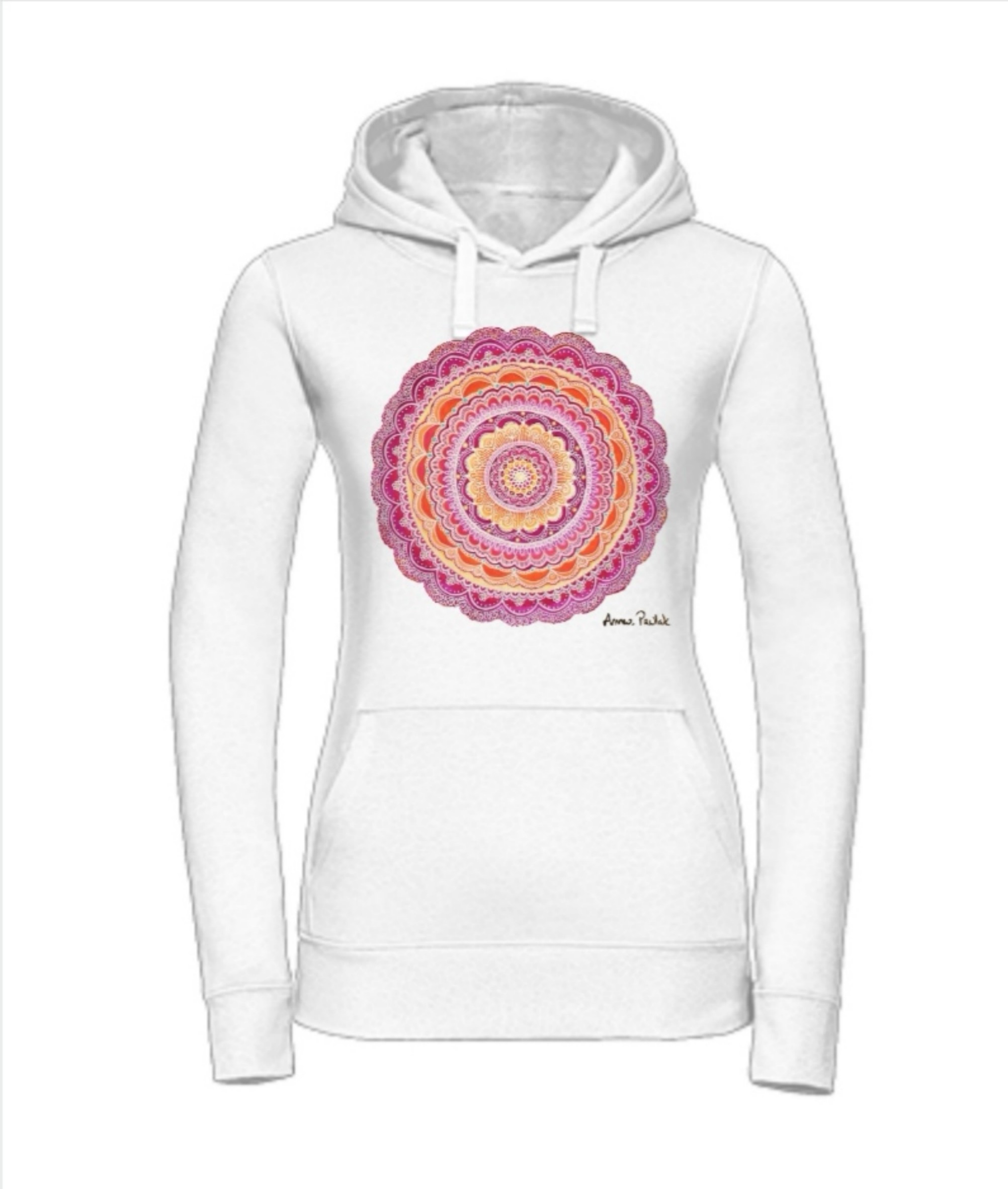 white  women's hoodie  with "The mandala of power". rozmiary :M, L, XL, 2XL  cena 220 PLN