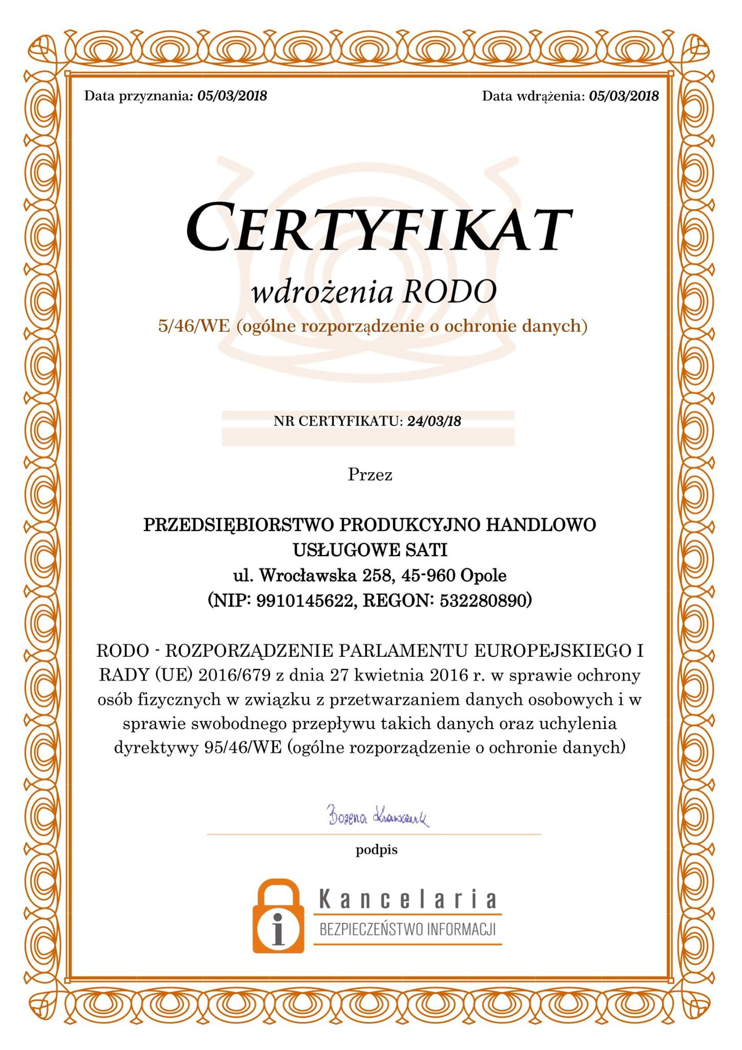 certyfikat wdrożenia Rodo