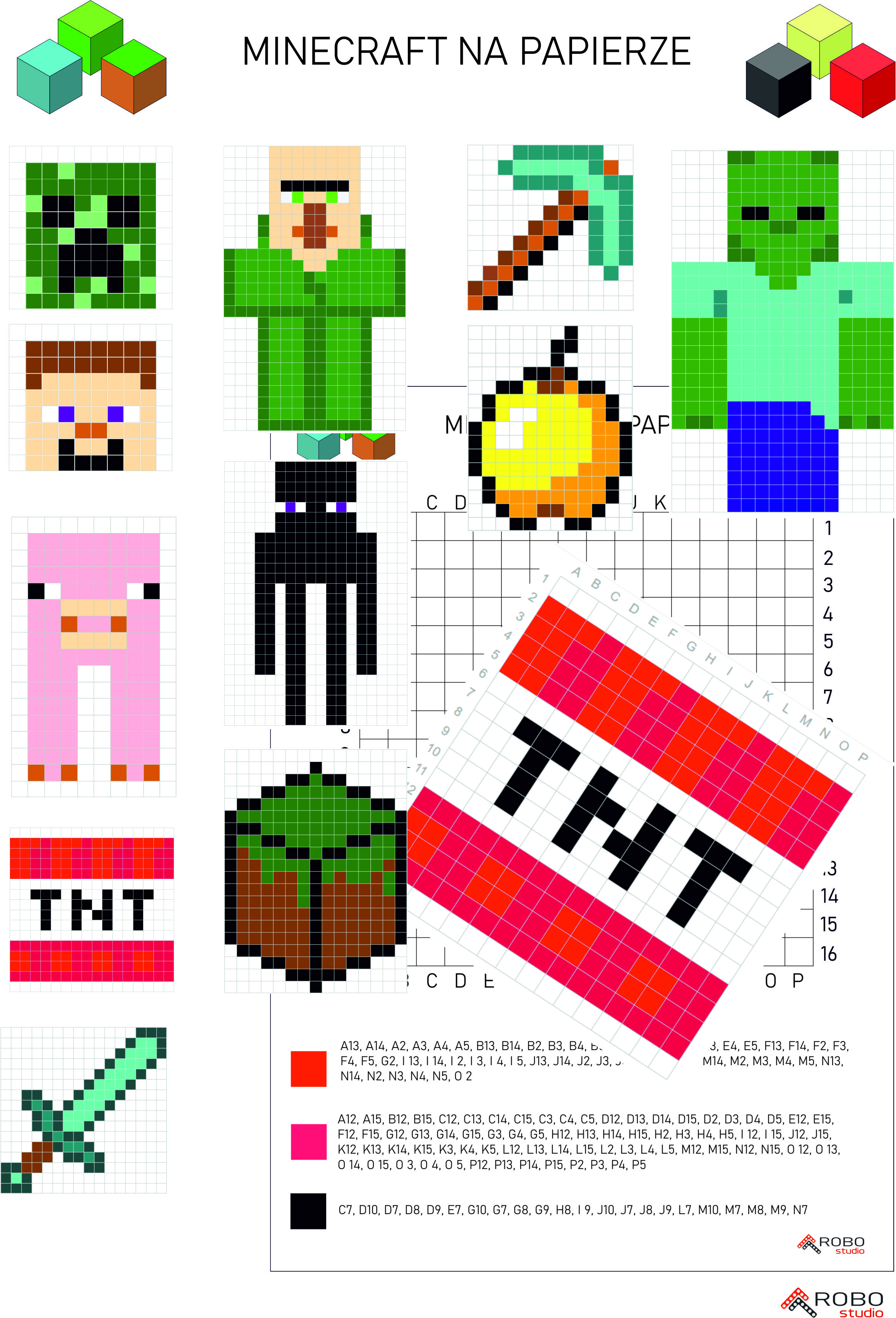 Zestaw 10 kart pracy z postaciami z Minecrafta do odkodowania, kodowanie kolorowanie
