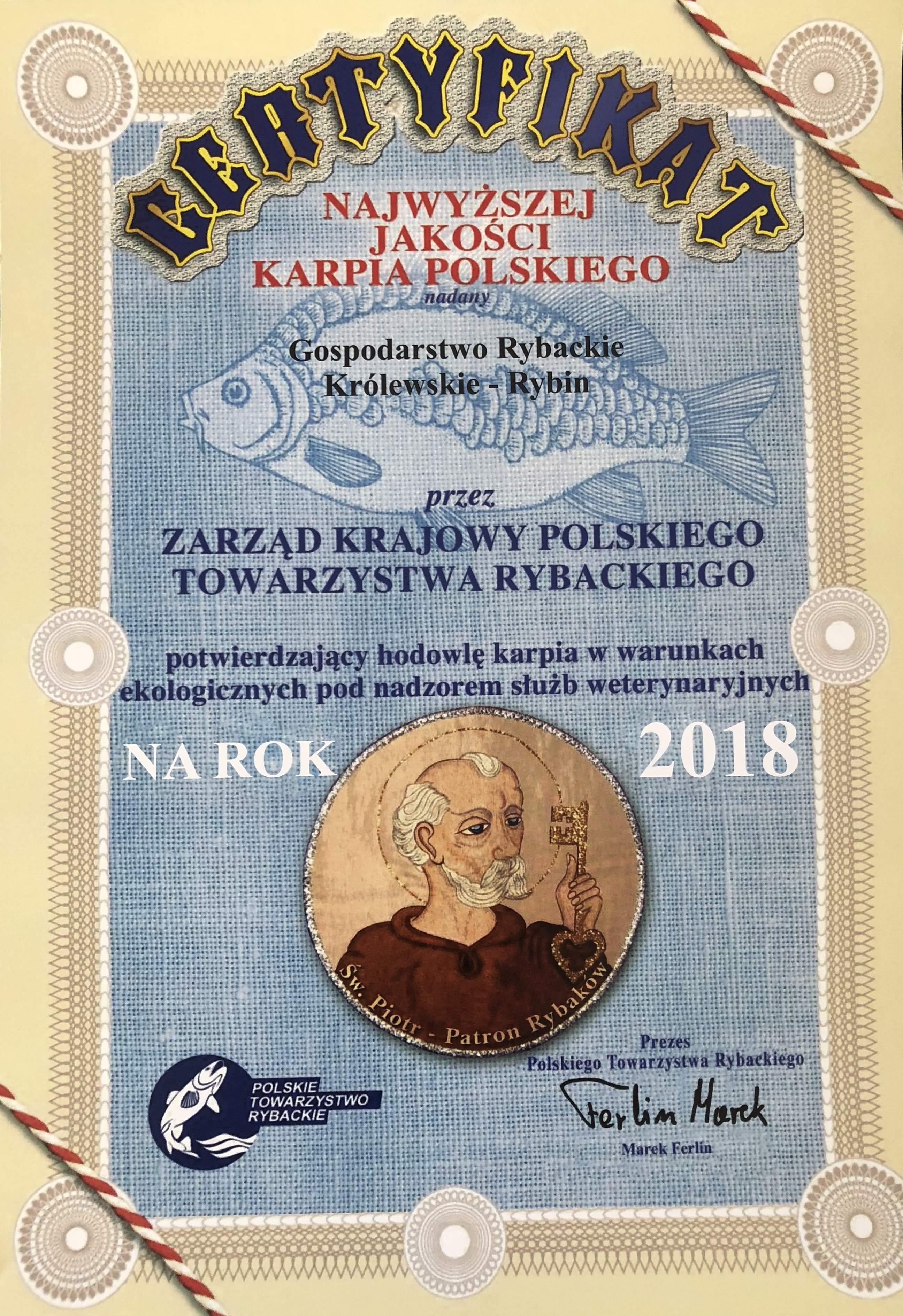 Certyfikat Polskiego Towarzystwa Rybackiego na 2018 rok