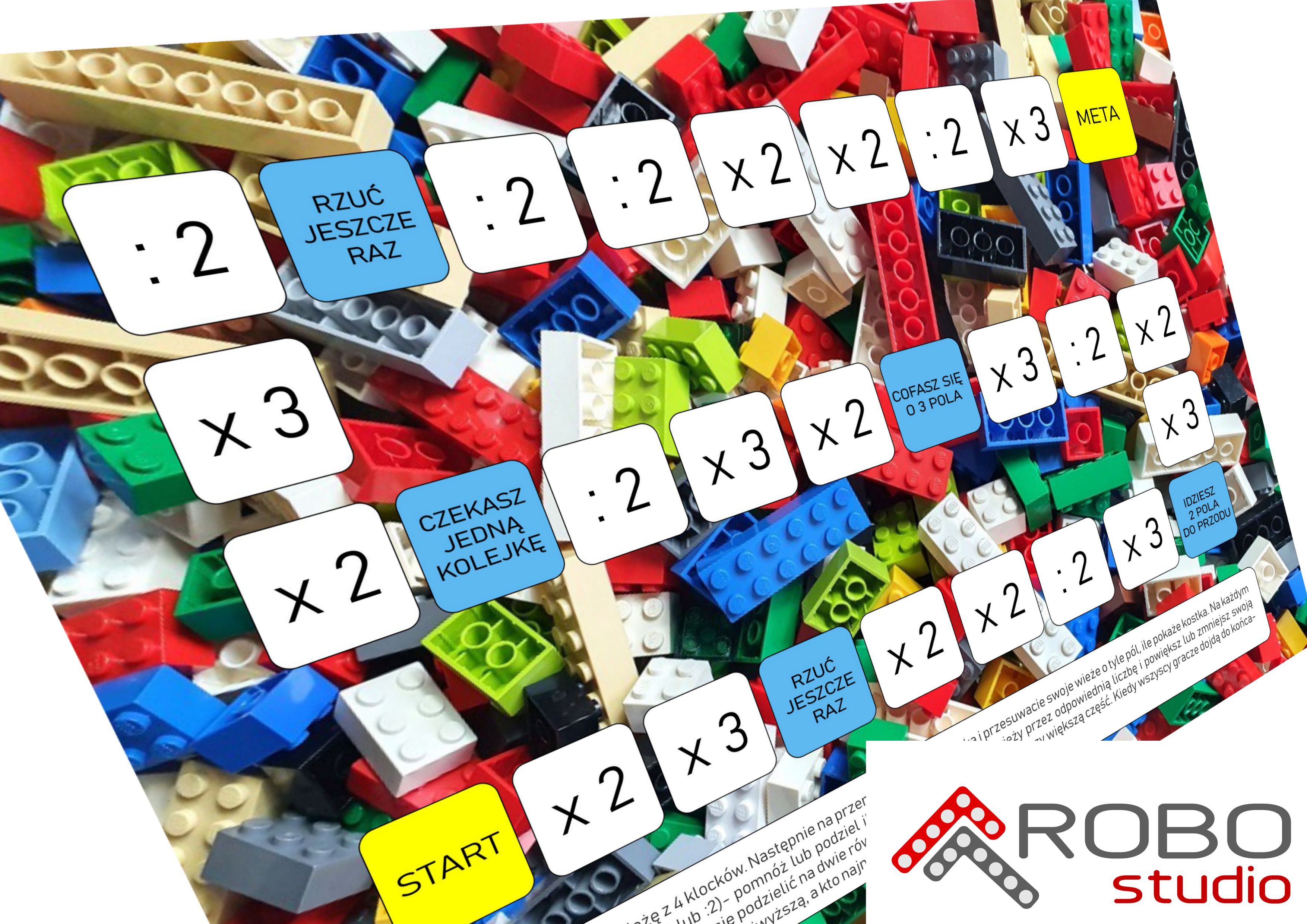 Prosta gra planszowa, dzień LEGO: utrwalanie mnożenia i dzielenia przez 2 i 3. Weź klocki i kostkę