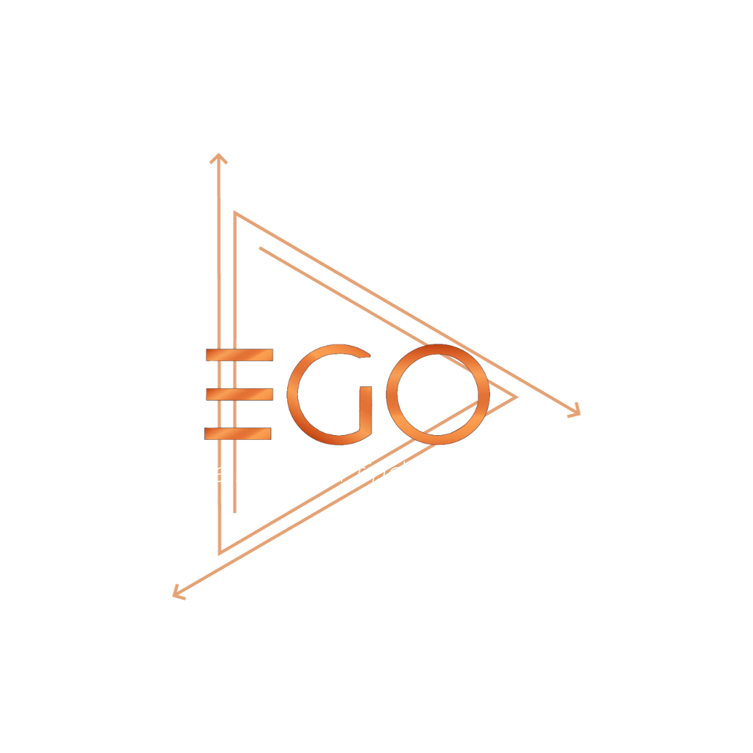 Logo: cooper triple triangle with arrows and name of company: EGO.