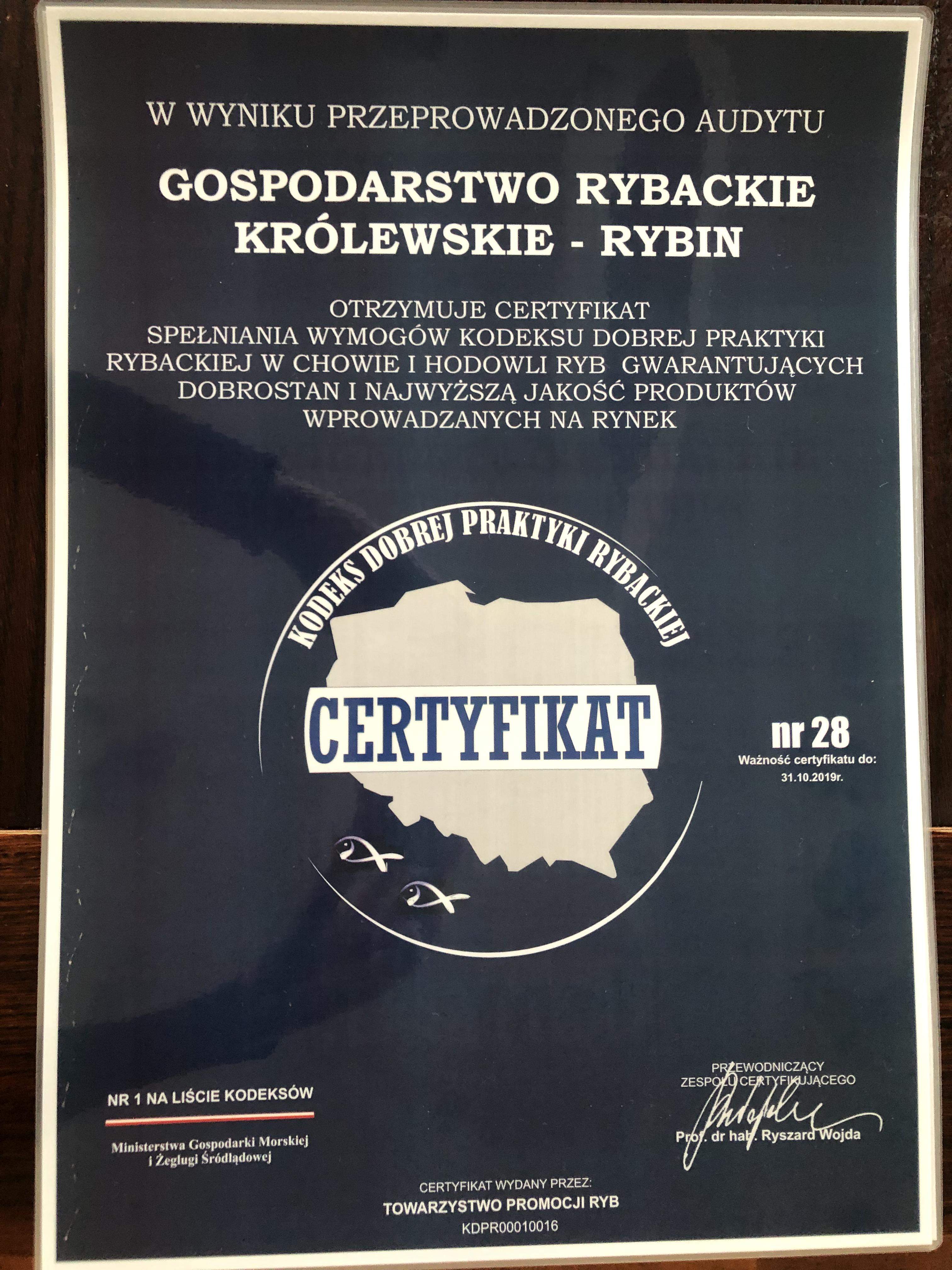 Certyfikat Dobrej Praktyki Rybackiej 2018