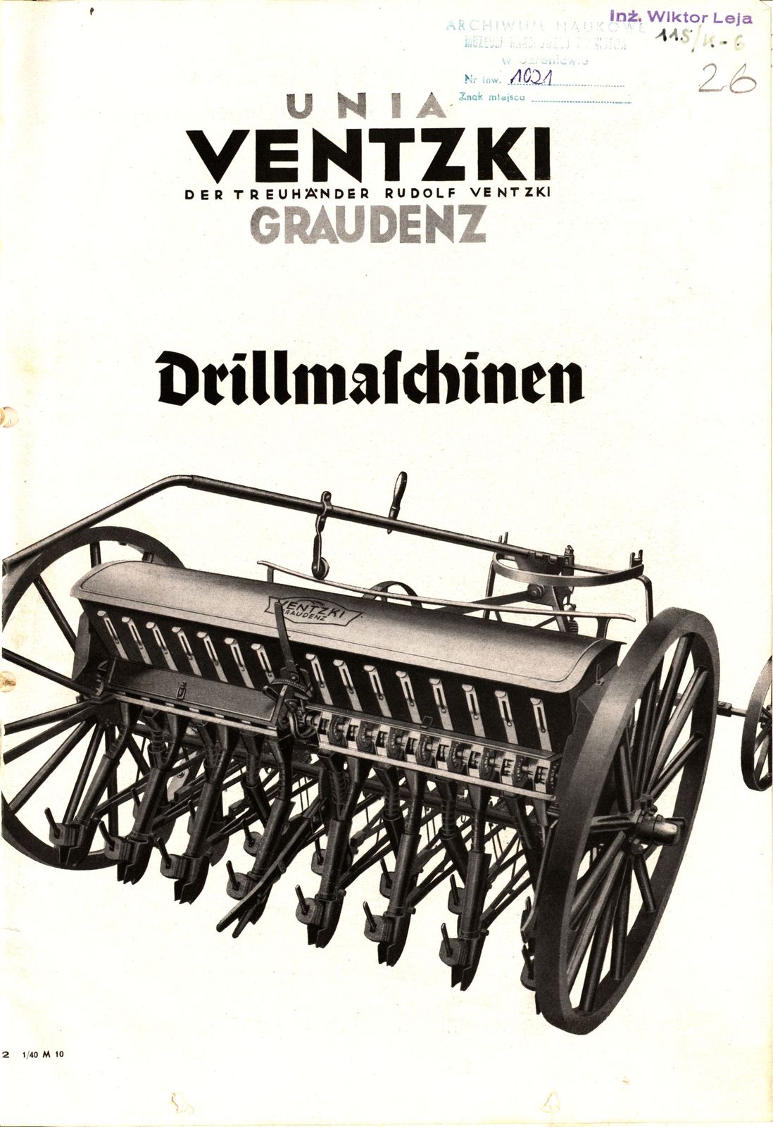 Strona tytułowa prospektu reklamowego siewnika Ventzki, 1940, ze zbiorów MNR w Szreniawie