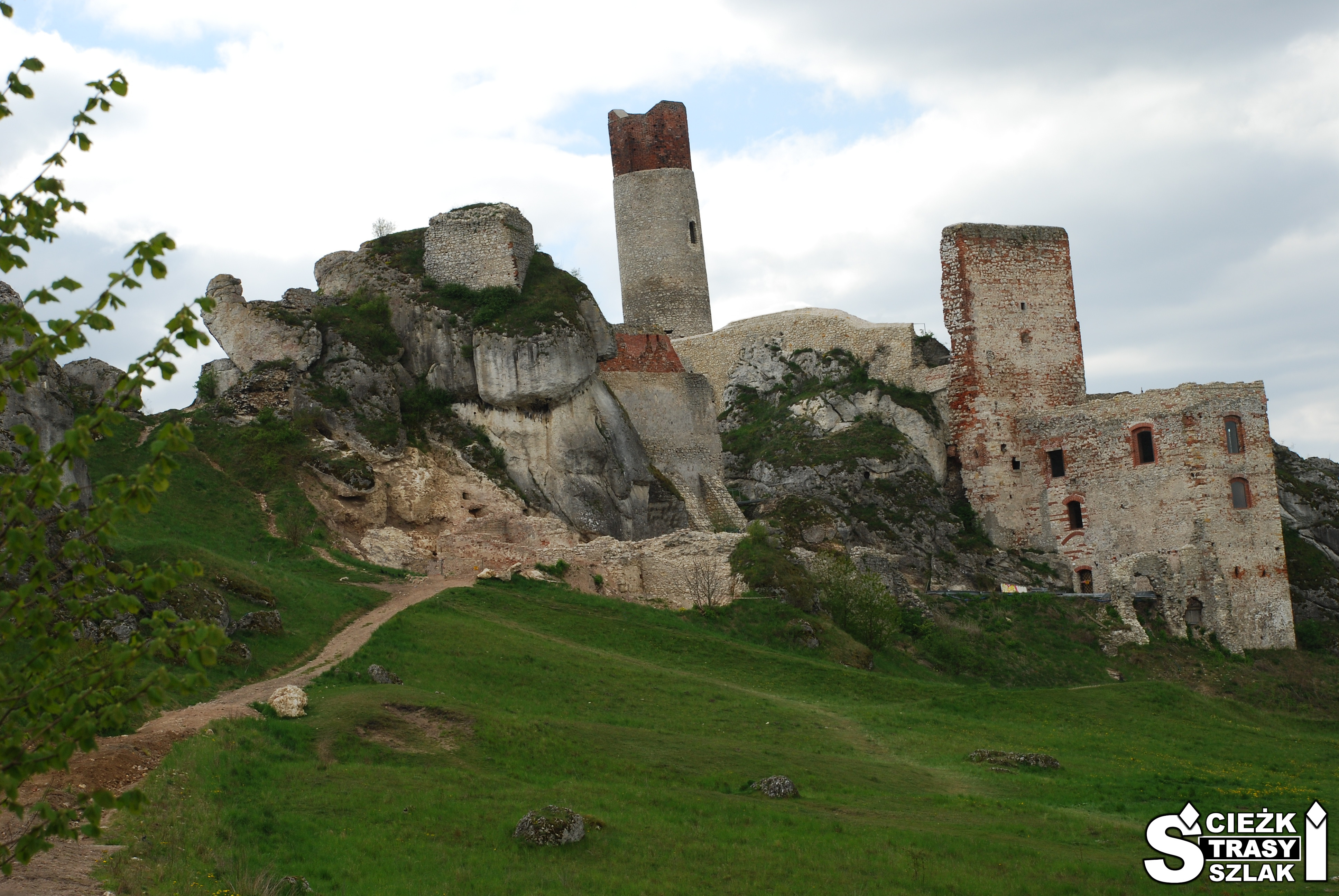 Wydeptana ścieżka na zielonym wzgórzu, prowadząca do ruin zamku w Olsztynie na skale wapiennej i fragmentów muru obronnego