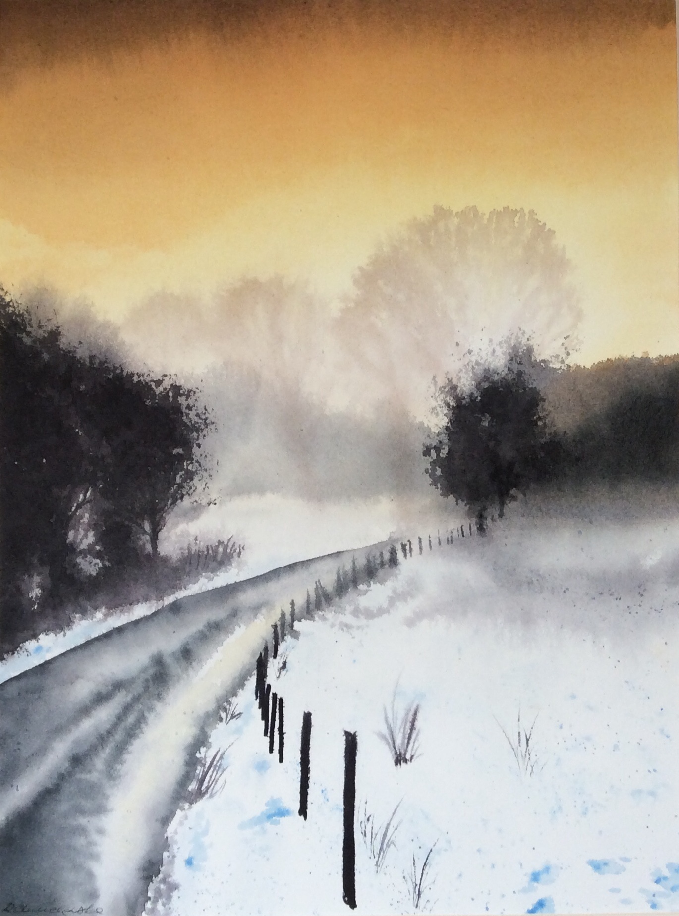 Watercolours, Country road in winter, 30x40cm, 250PLN
