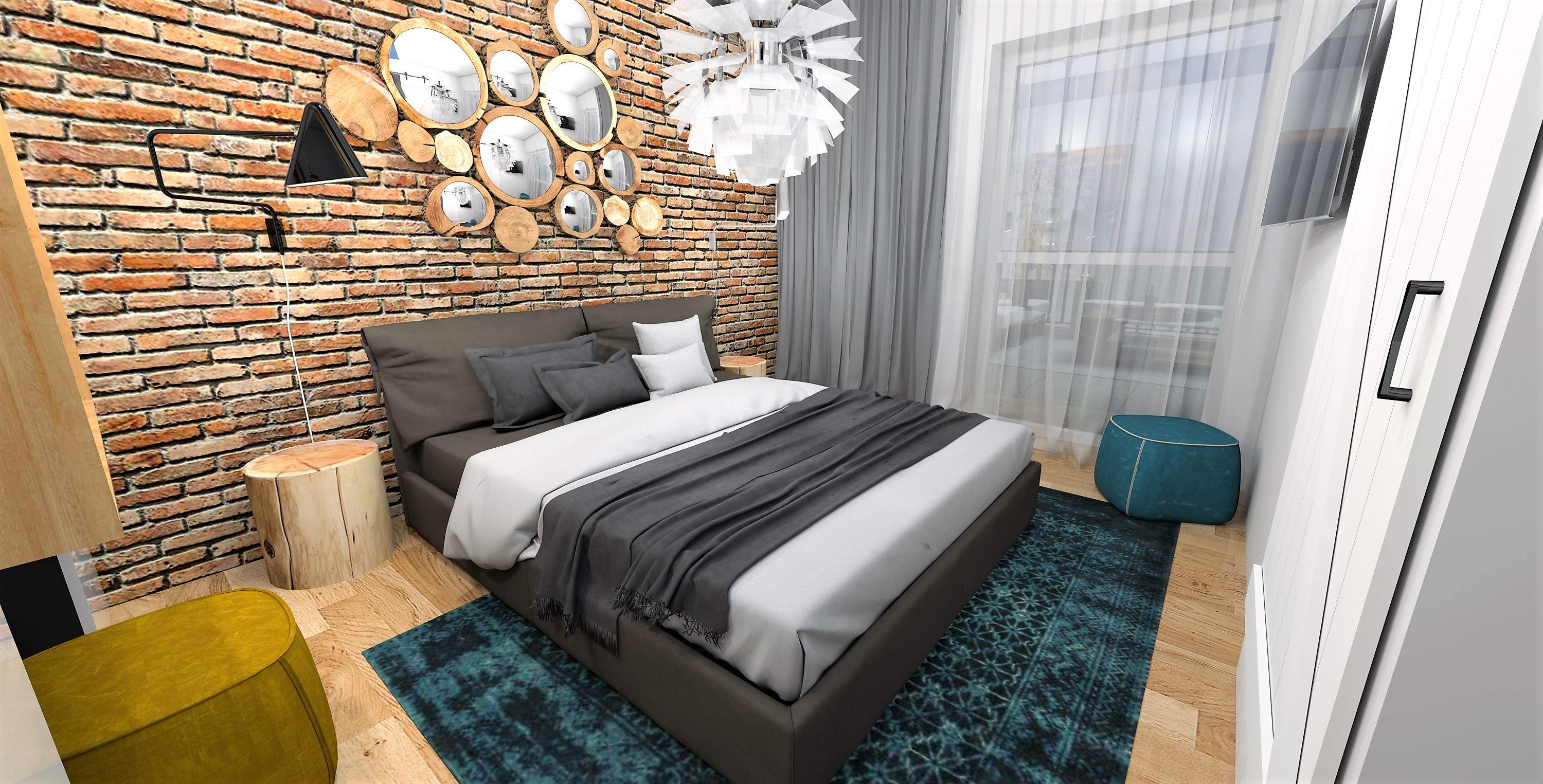 Projekt sypialni w mieszkaniu w Rzeszowie, cegła, naturalne drewno, akcenty kolorystyczne.