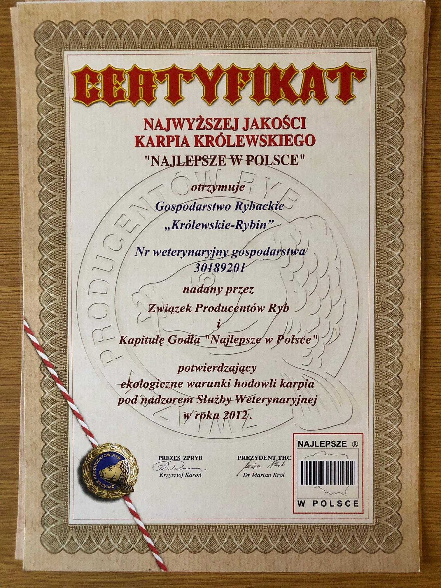 Certyfikat Związku Producentów Ryb  na 2012 rok