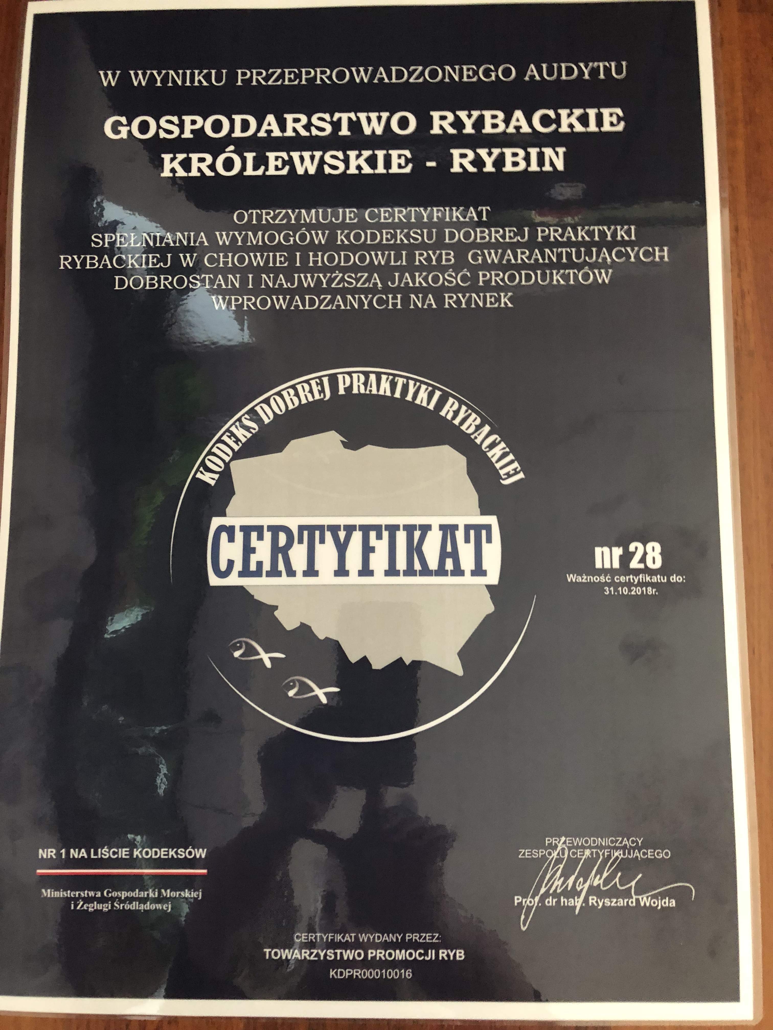 Certyfikat Dobrej Praktyki Rybackiej na 2017 rok
