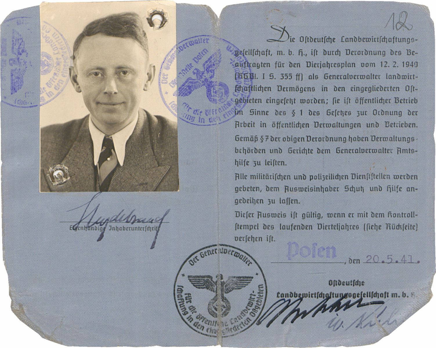 Ausweis Heinza von Heydebranda, wyd. 20 maja 1941, ze zbiorów Instytutu Zachodniego w Poznaniu