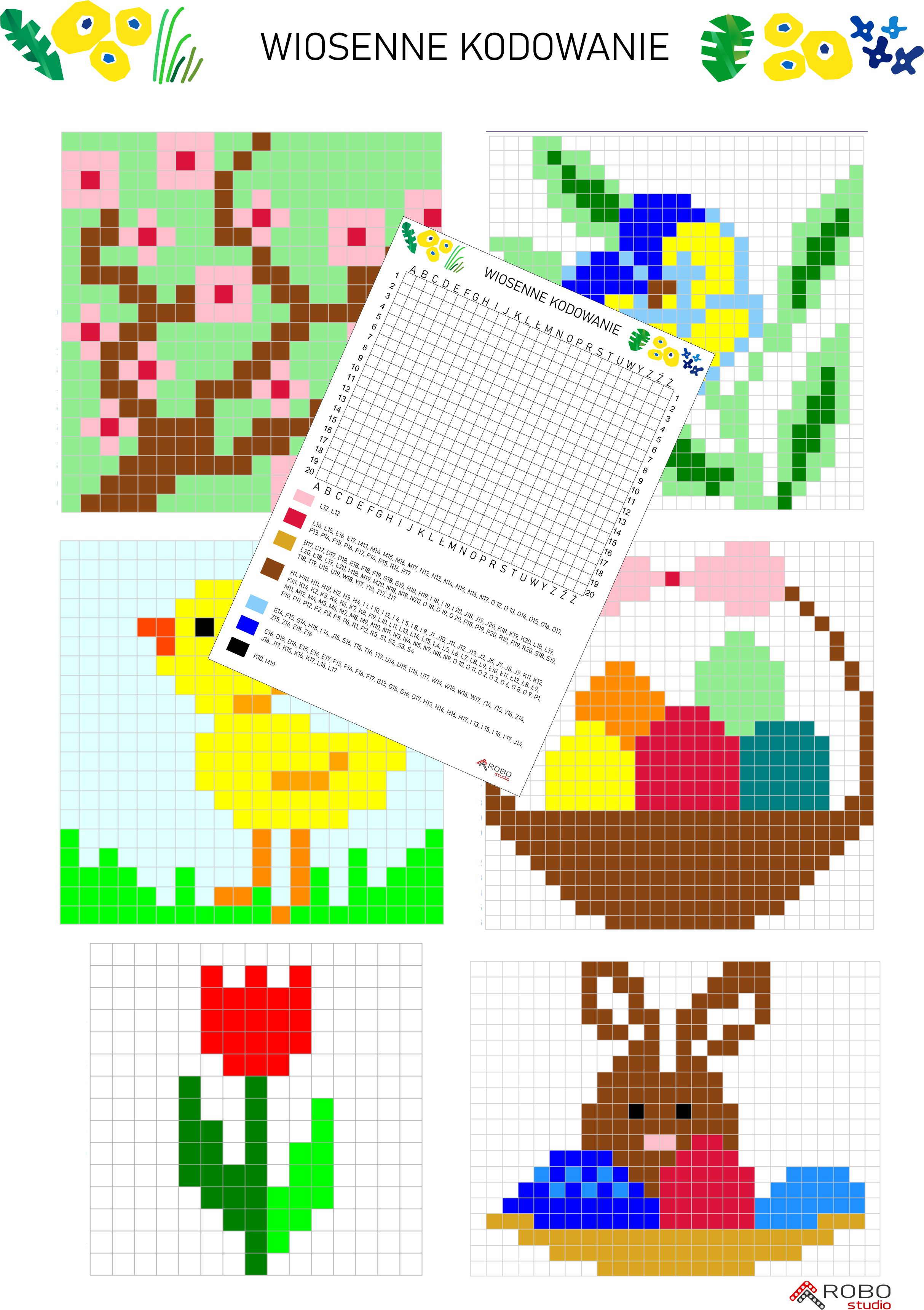 Zestaw 6 kart pracy wiosenno- wielkanocnych, kurczaczek, zajączek, pisanki, kwiaty pixel art