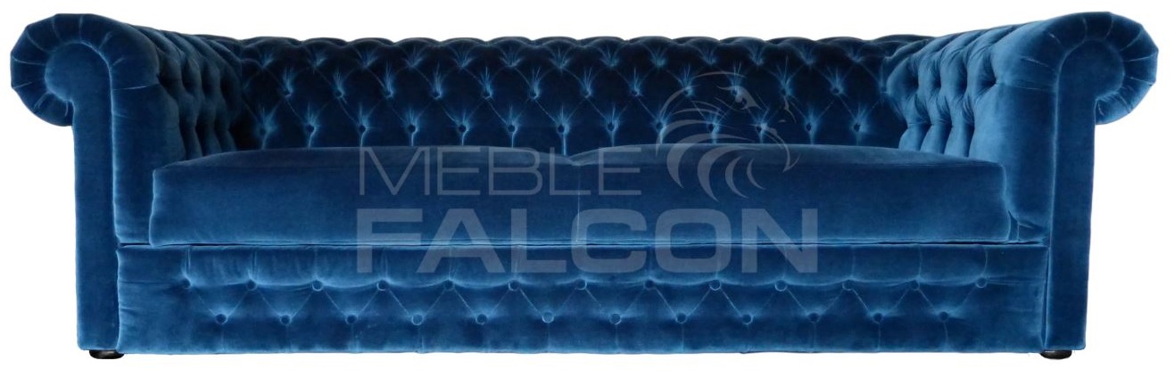 sofa chesterfield rozkładana funkcja spania wózkowa niebieska granatowa plusz pikowana producent