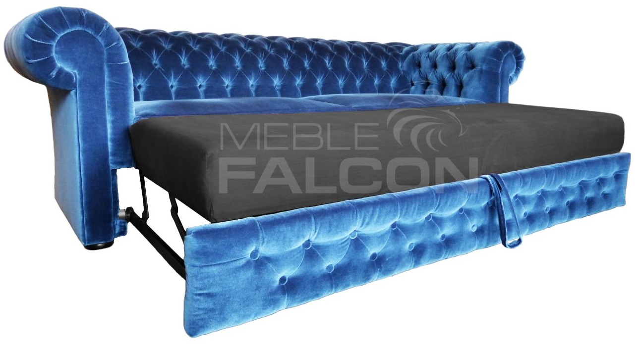 sofa chesterfield rozkładana funkcja spania wózkowa niebieska granatowa plusz pikowana producent
