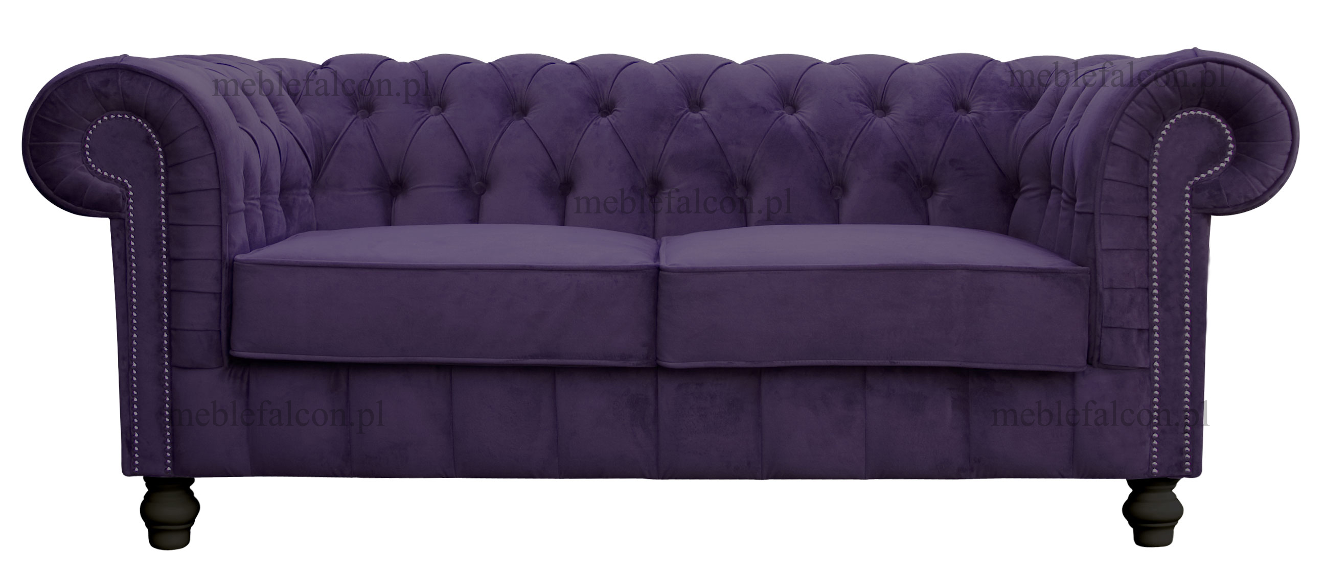 lekka subtelna linia charakteryzuje sofę chesterfield na drewnianych wysokich nóżkach fioletowa sofa