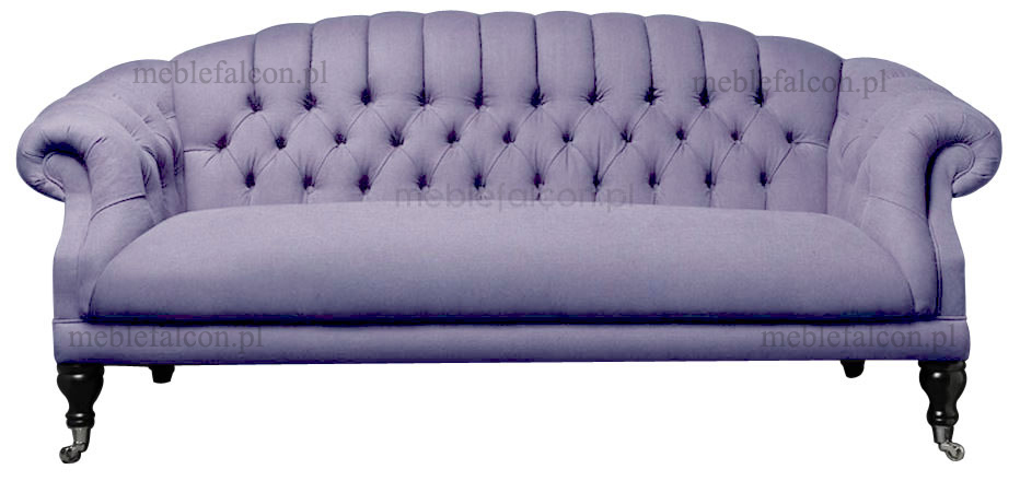 sofa glamour na wysokich nogach drewnianych wysokie pikowane oparcie stylowa w materiale lila róż 