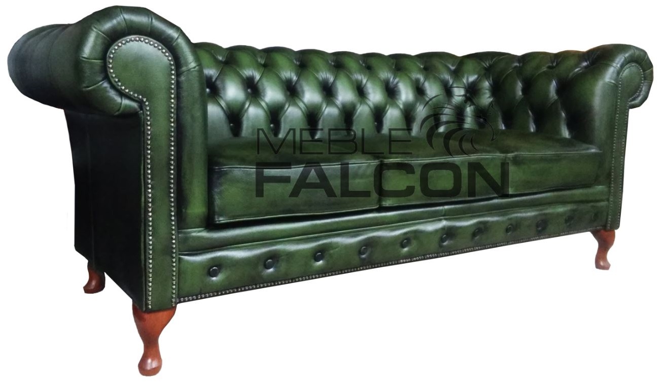 sofa chesterfield pikowana tapicerowana skóra przecierana zielona nóżki ludwik producent mebli tanio