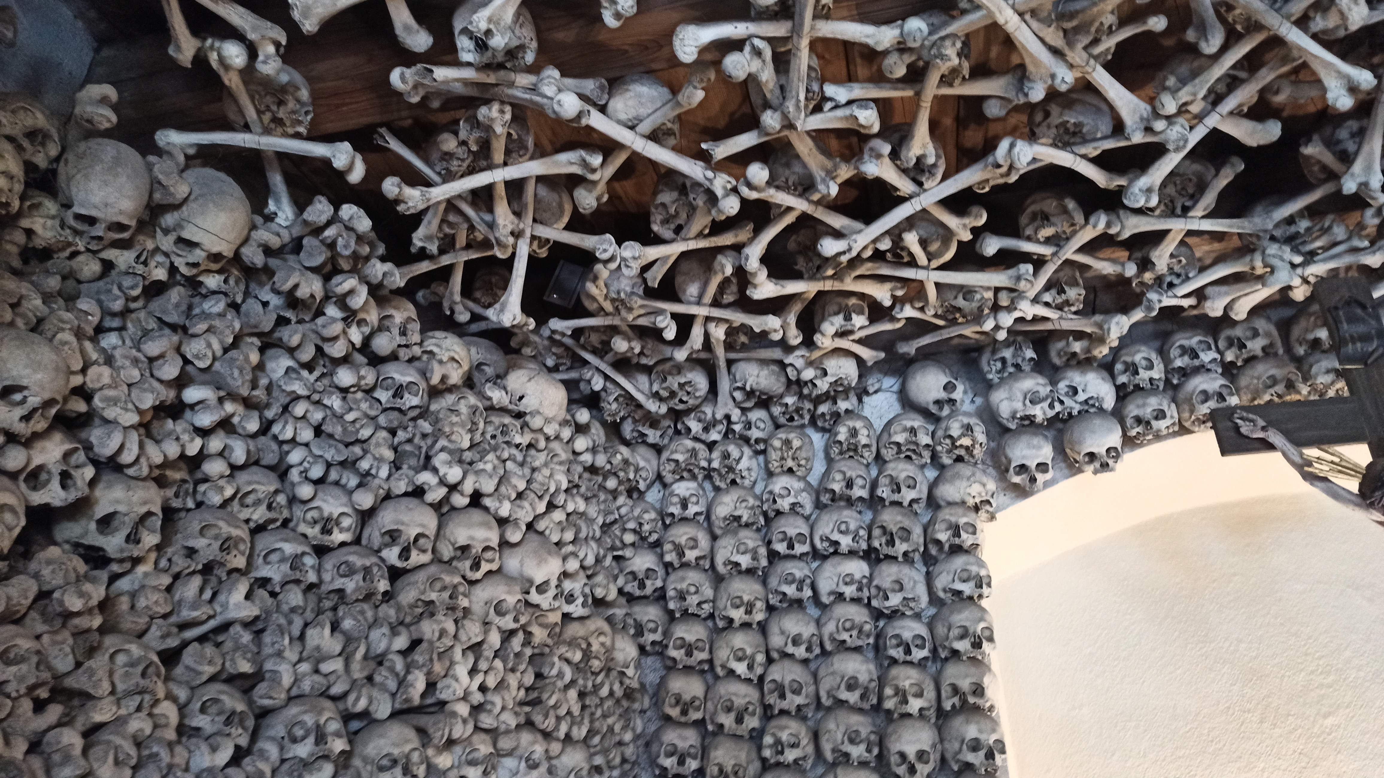 Wnętrze Kaplicy Czaszek w Czermnej wyłożone ludzkimi czaszkami i piszczelami na suficie