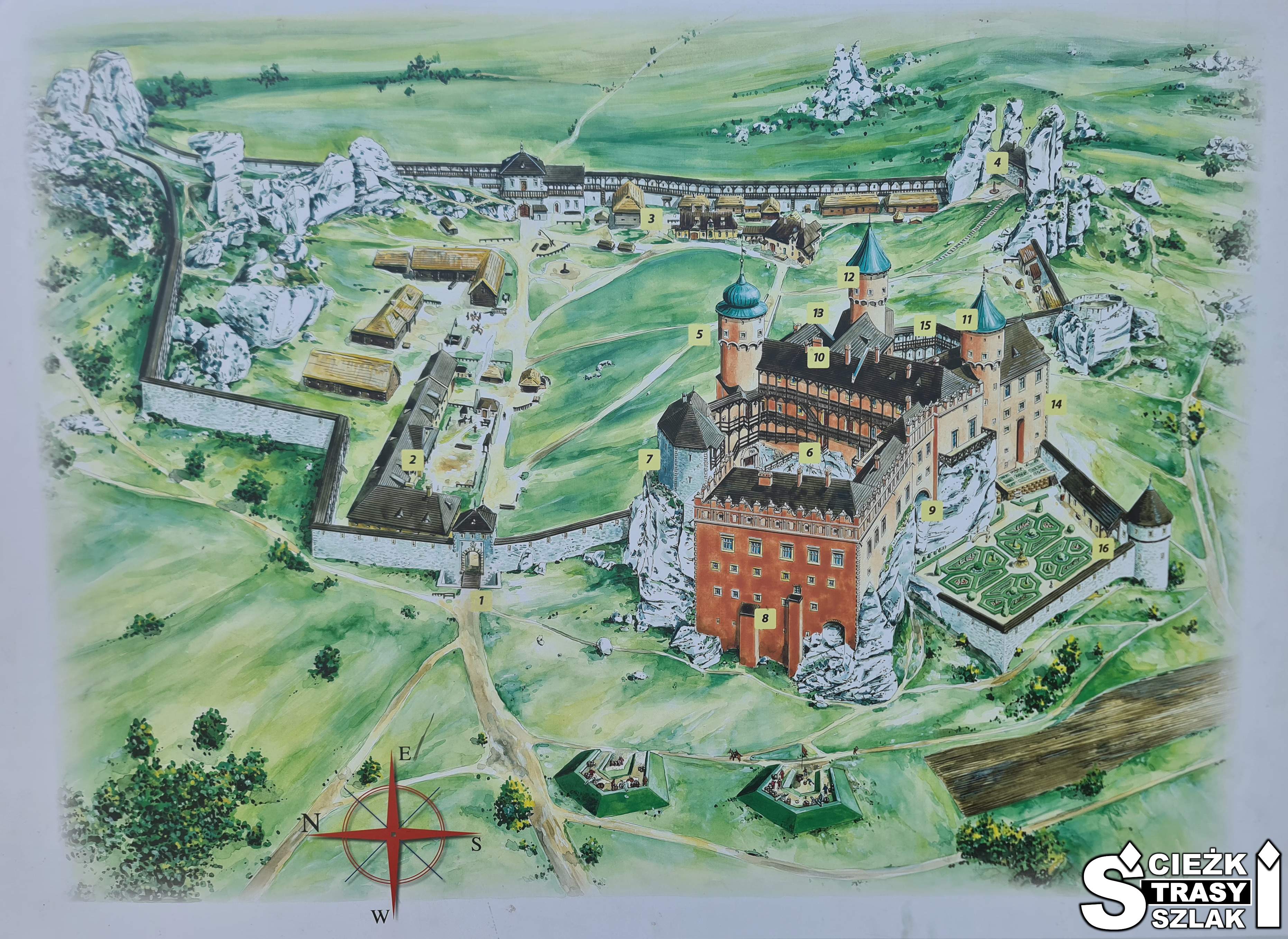 Zamek w Ogrodzieńcu z czasów świetności z zaznaczonymi zabytkowymi budynkami, wieżami, basztami, murami obronnymi, bramami wjazdowymi