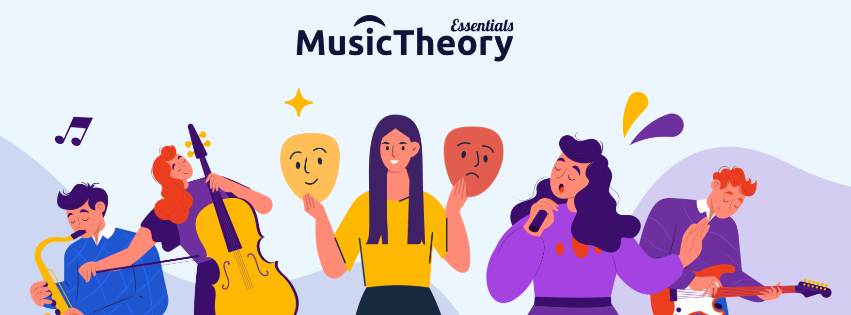 A group of musicians having fun playing and singing together, with Music Theory Essentials app logo above, drawn in a friendly, colorful style.
