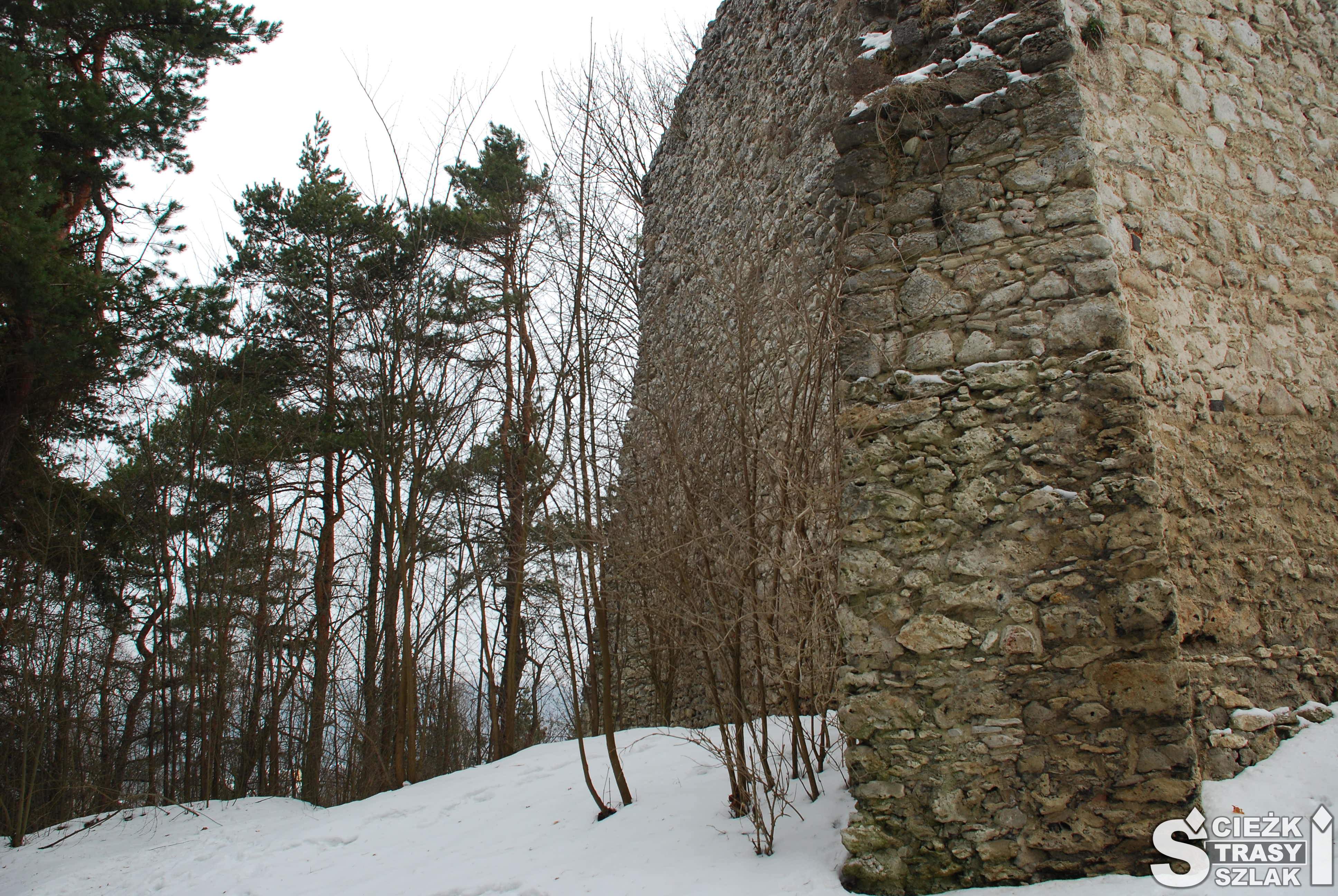 Wysokie mury obronne zamku w Bydlinie na wzgórzu skalnym pokrytym śniegiem
