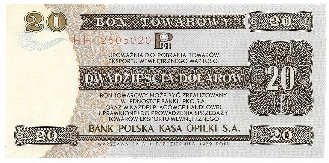 Bon Towarowy 20 Dolarów-Pewex PRL 1979r Seria HH /Nowa Oferta/