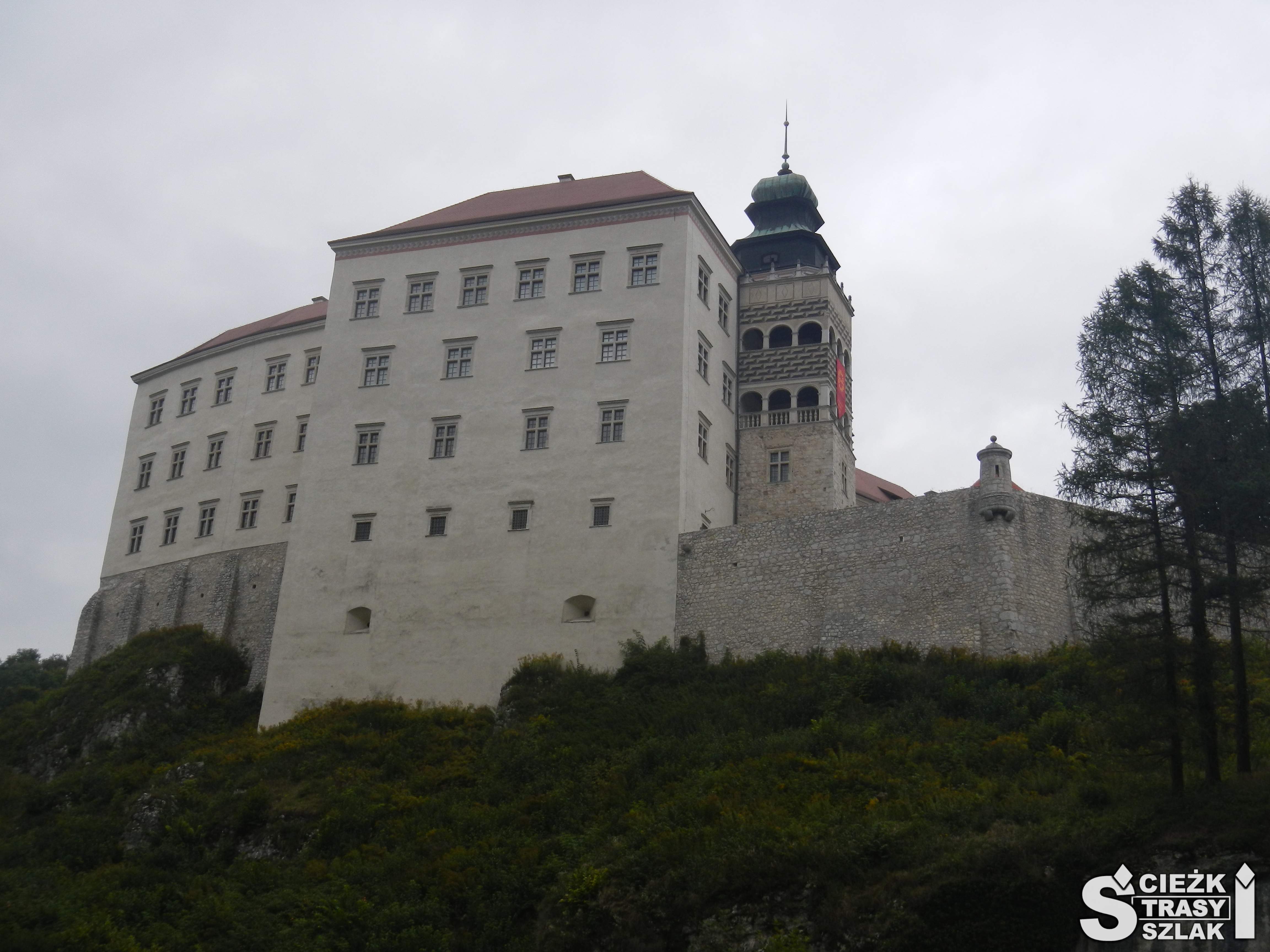Zamek Pieskowa Skała z wieżą widokową i murami obronnymi ze ścieżki w stronę Maczugi Herkulesa