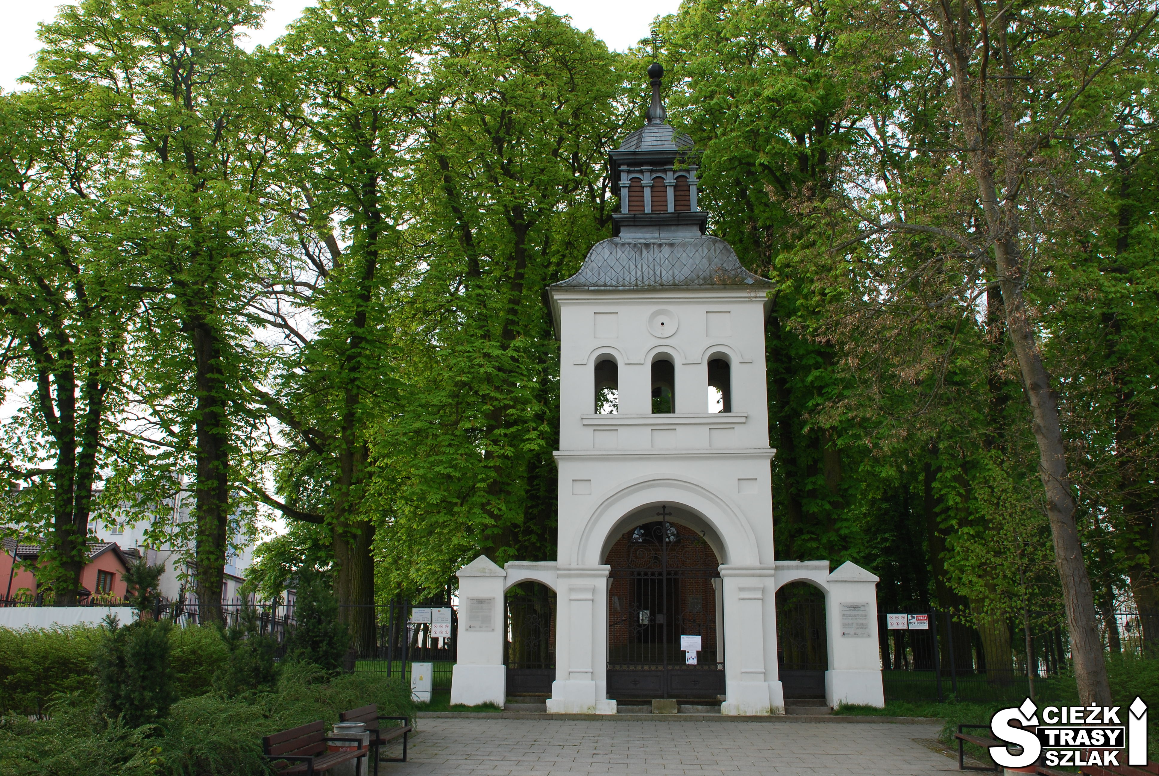 Zabytkowy kościół murowany z białą fasadą na skraju Ogrodu Zmysłów w Poddębicach