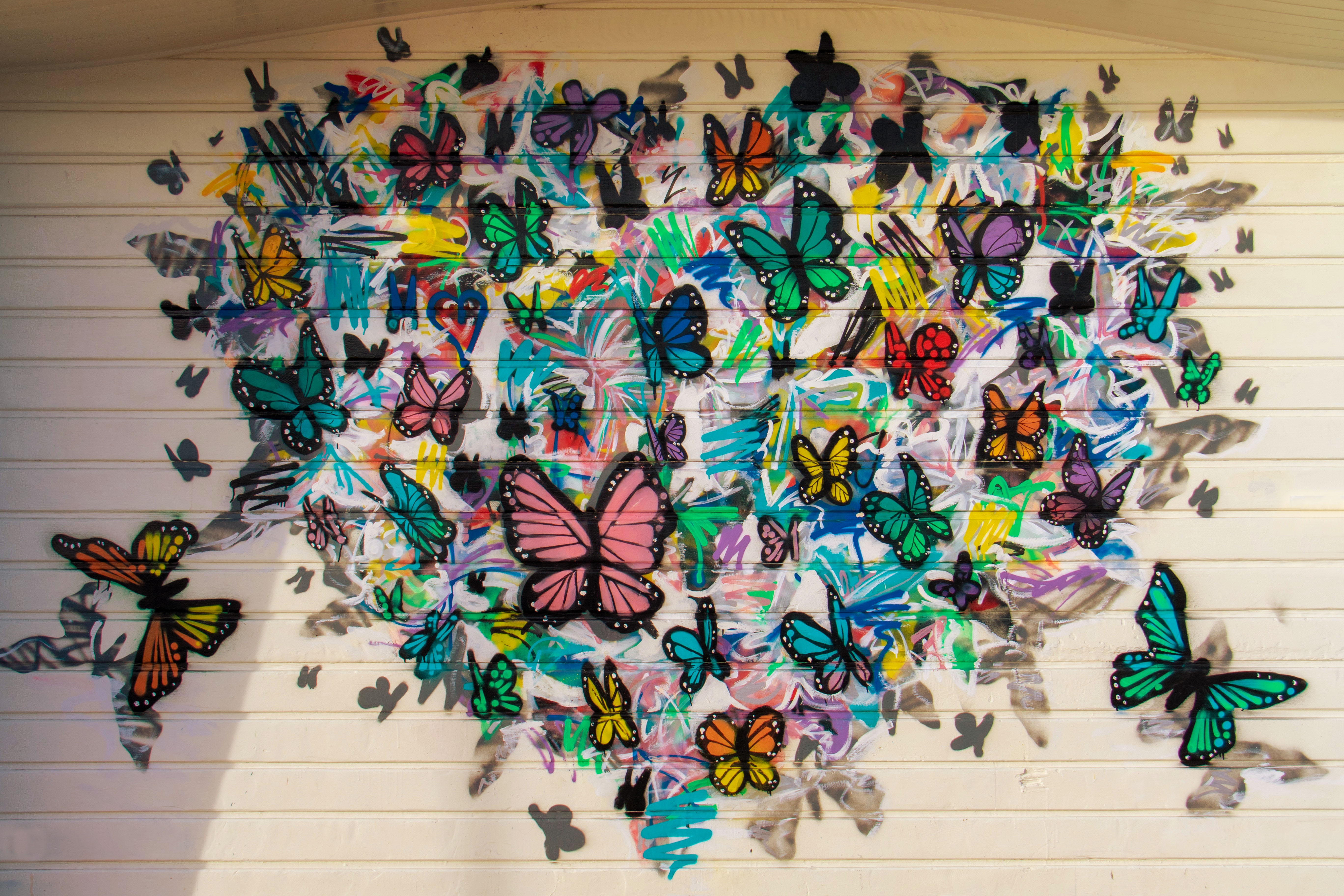 Graffiti przedstawiające kolorowe motylki jako symbol zmiany