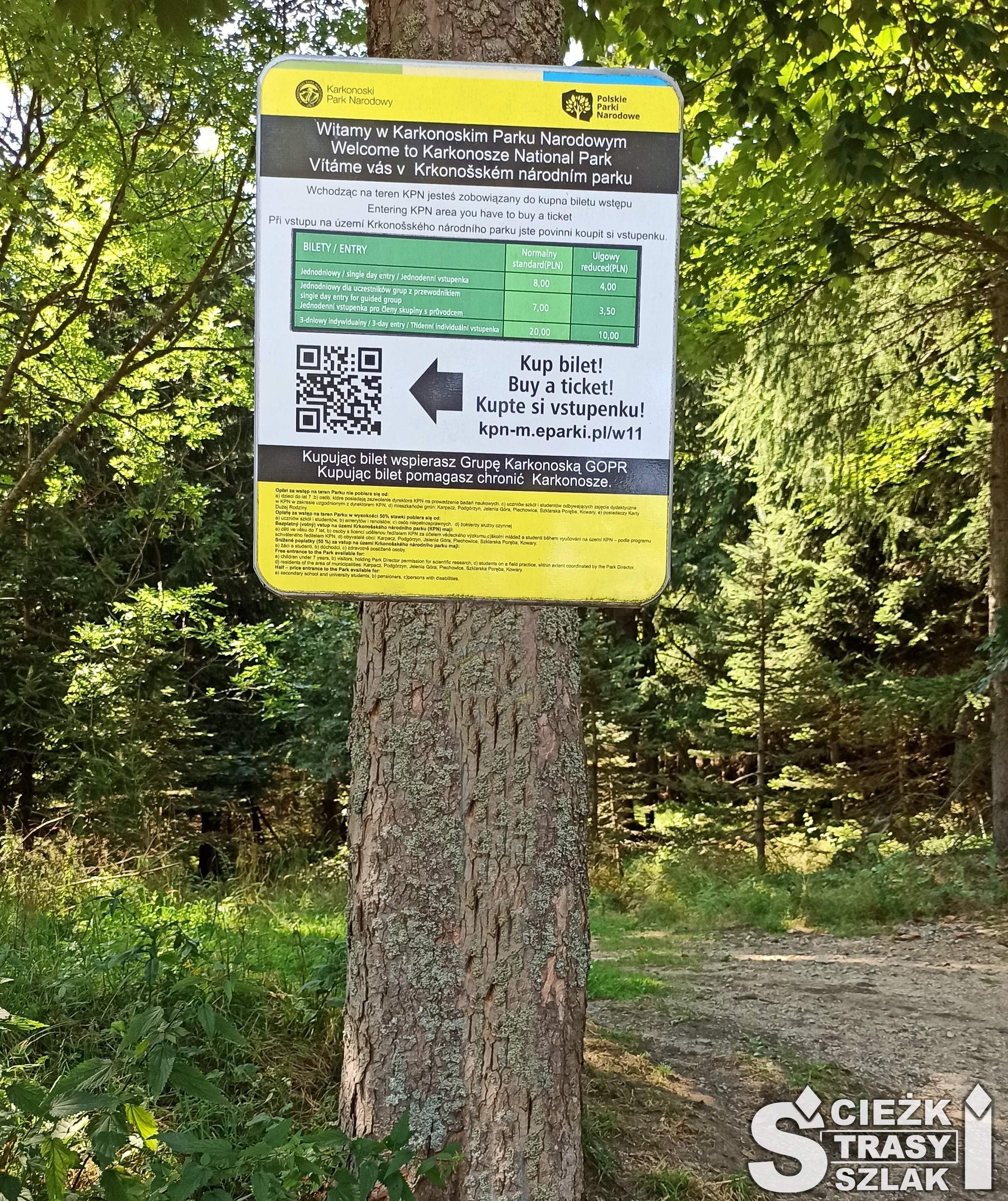 Wejście na teren Karkonowskiego Parku Narodowego z tablicą informującą o sprzedaży biletów wspierających GOPR