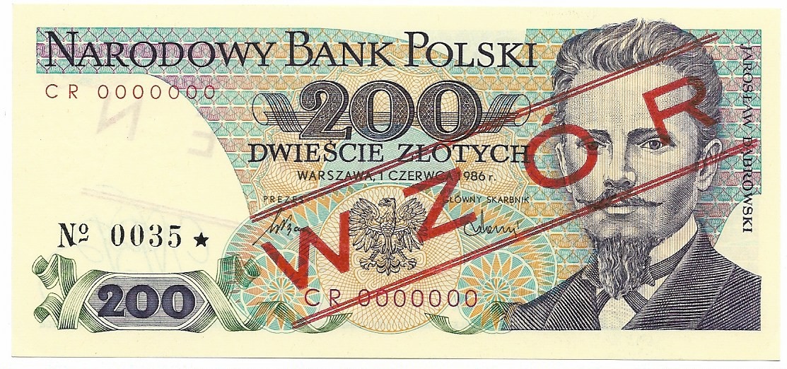 200 Złotych J. Dąbrowski 1986r Seria CR Stan/UNC WZÓR /Nowa Oferta/