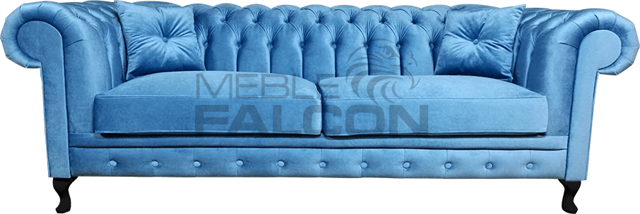 elegancka błękitna sofa chesterfield tkanina welur