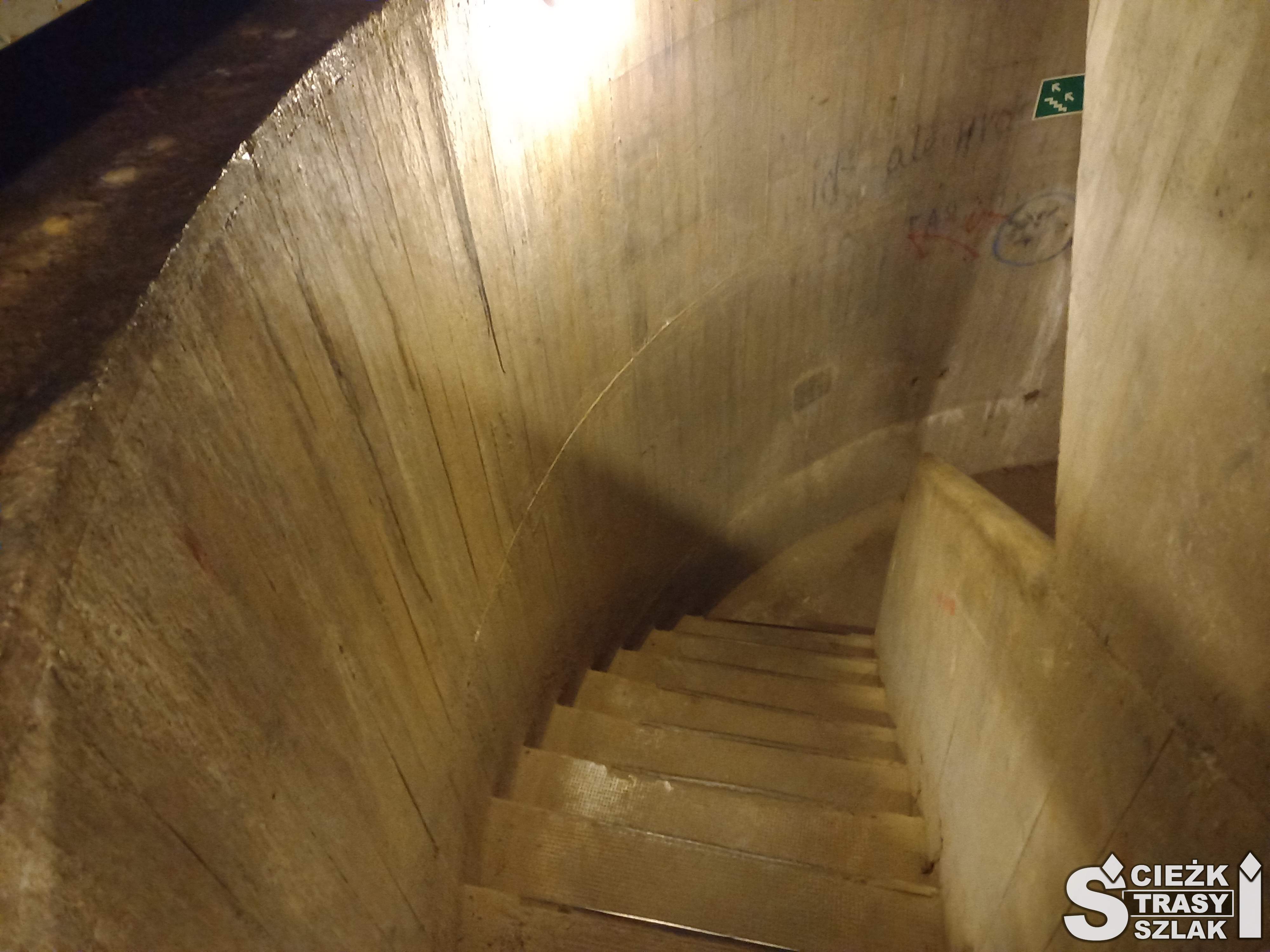 Schody prowadzące w głąb ziemi do niższego poziomu bunkrów wijące się w betonowym silosie