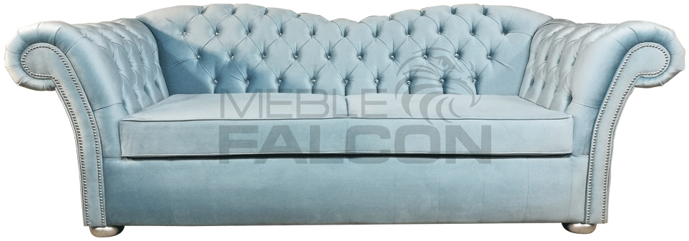 błękitna sofa chesterfield srebrne zdobienia tanio