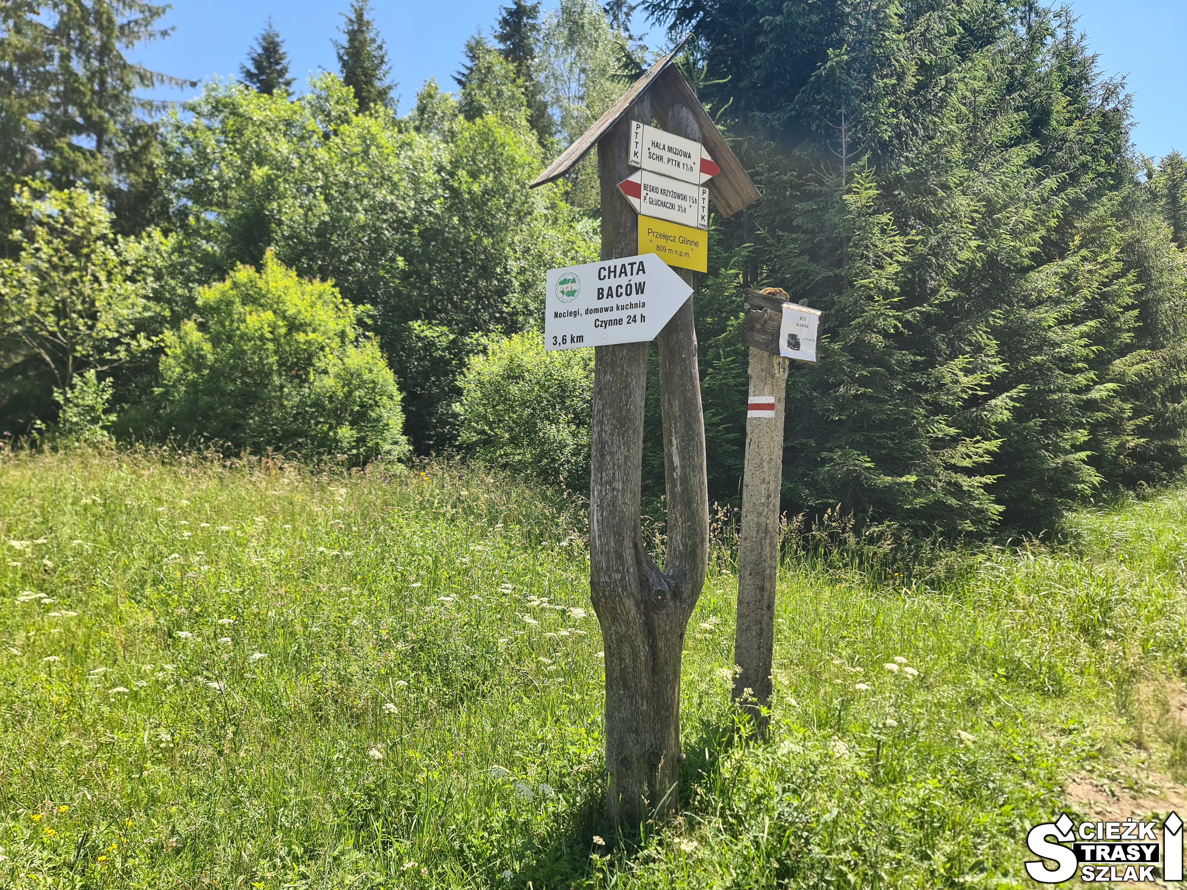 Kierunkowskaz z wykazem górskich szlaków turystycznych - czerwonego na Górę Pilsko i chatę Baców w Korbielowie