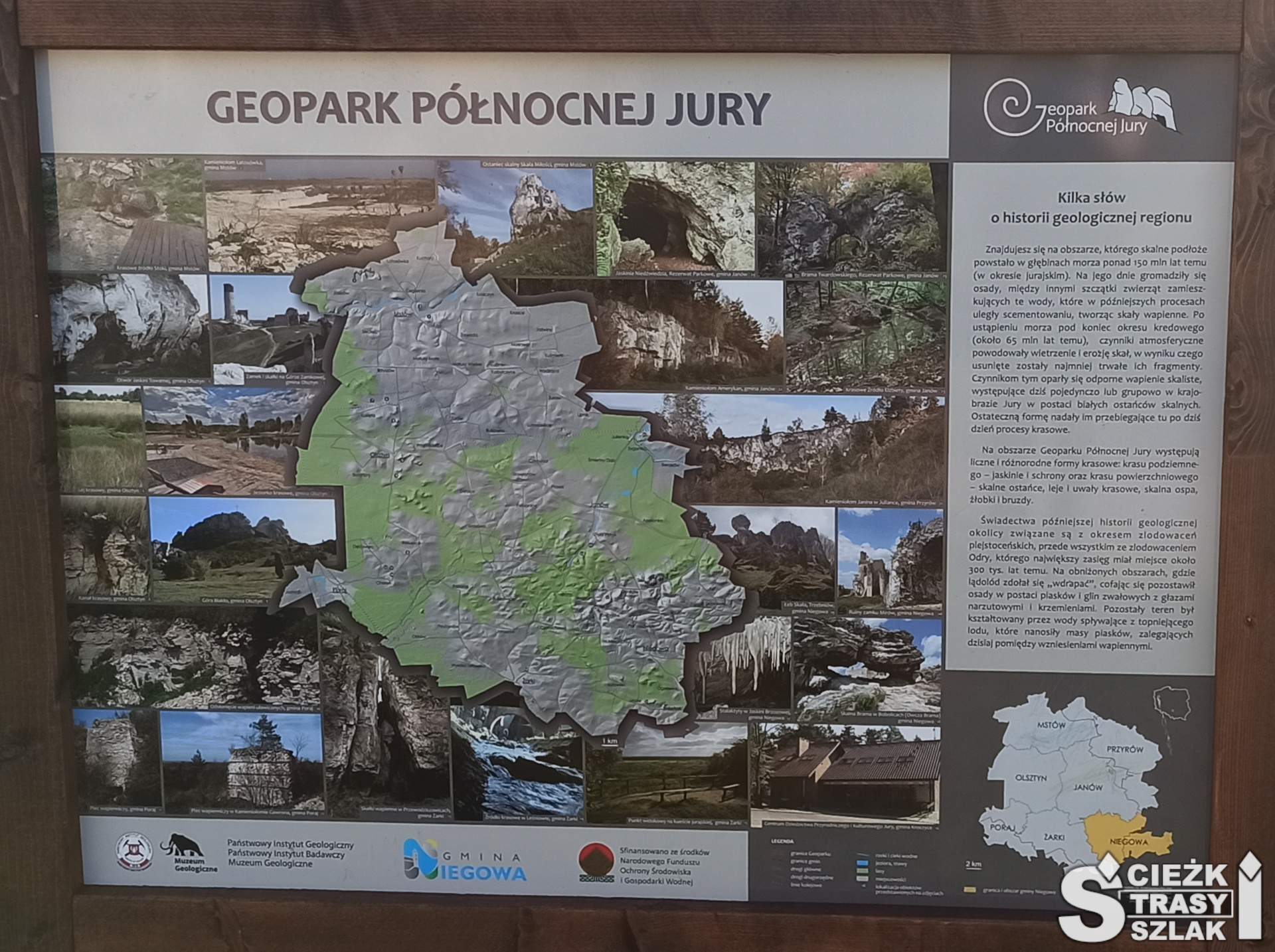 Tablica informacyjna wyjaśniająca czym jest Geopark Północnej Jury Krakowsko-Częstochowskiej przy Zamku w Mirowie