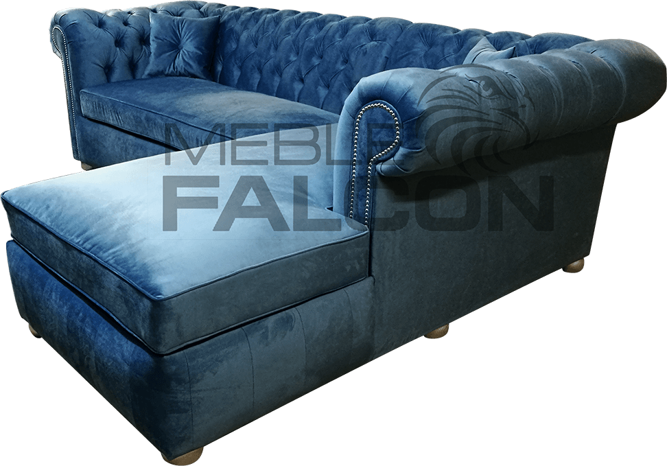 narożna sofa chesterfield niebieska pikowana plusz