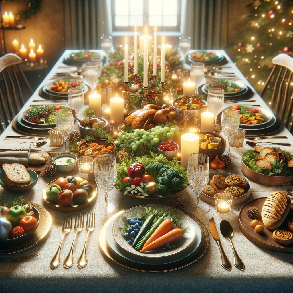 DALLE 2023-12-10 180209 - A realistic scene of a dining table set for Christmas brimming with balanced and nutritious holiday foods The table is elegantly decorated with a fepng