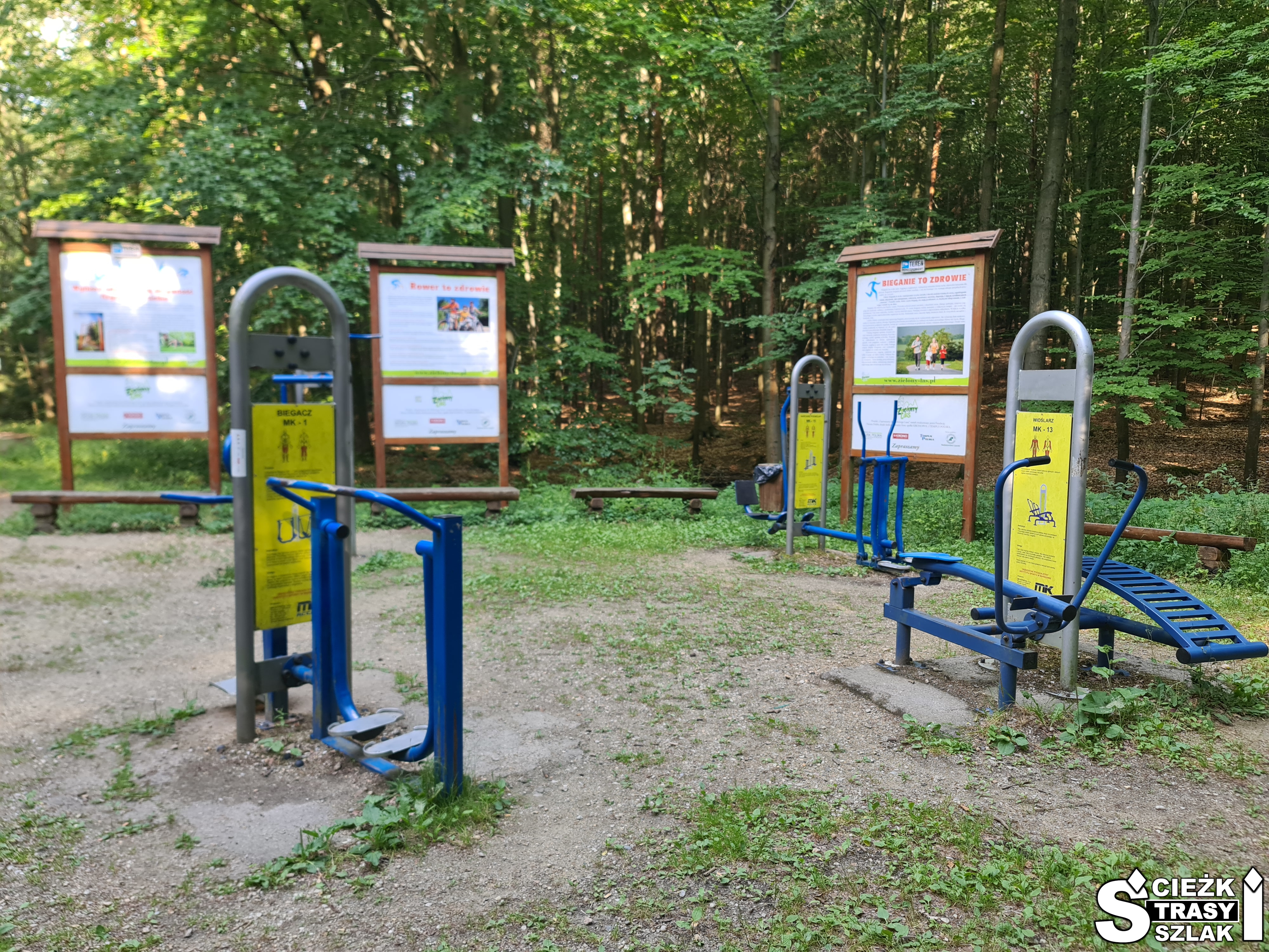Sprzęty siłowni plenerowej na tle tablic informacyjnych z zapisem treningu na świeżym powietrzu w Zielonym Lesie koło miasta Żary