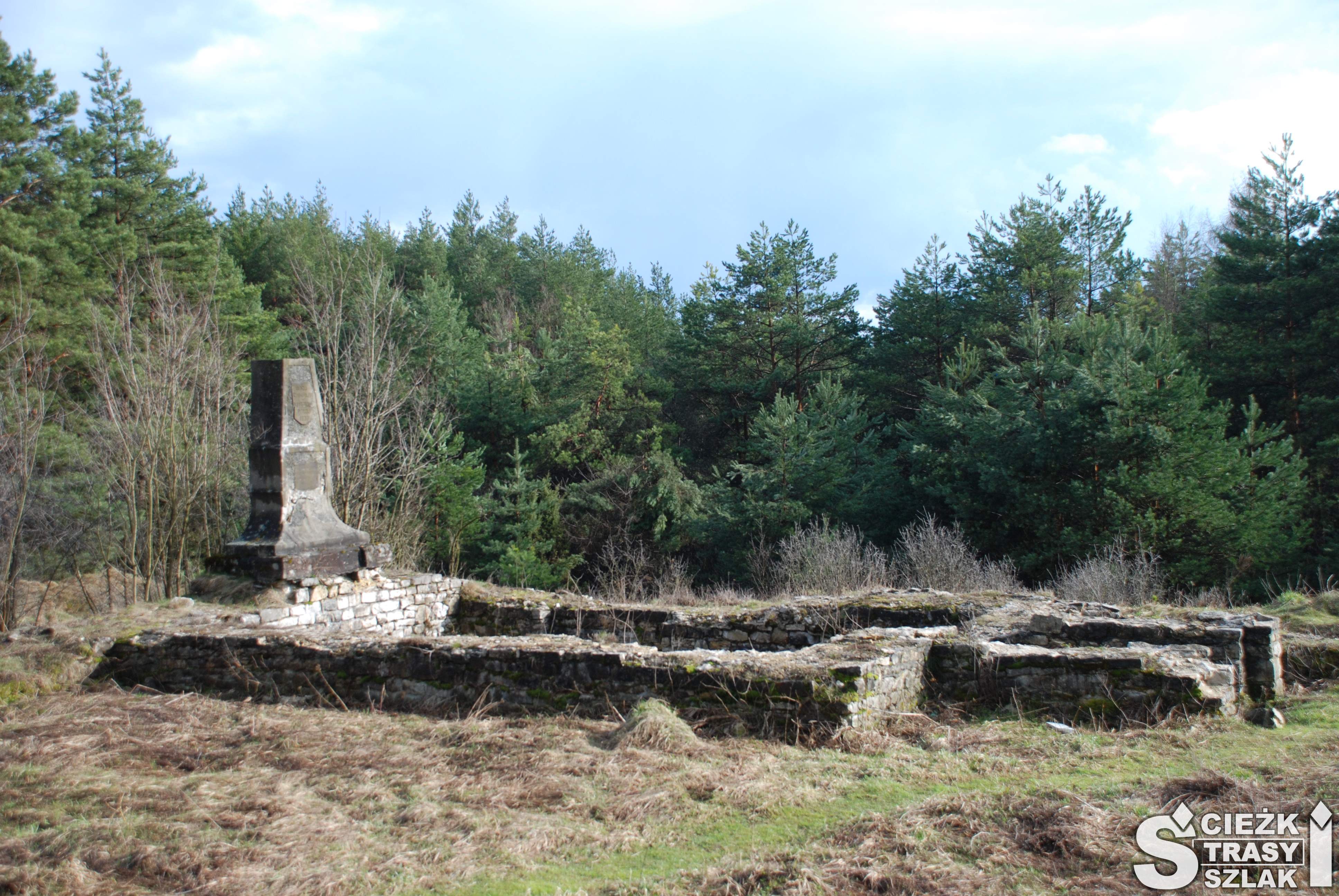 Tablica pamiątkowa po Grodzisku Stary Olkusz na fundamentach wystających ponad dół starej osady